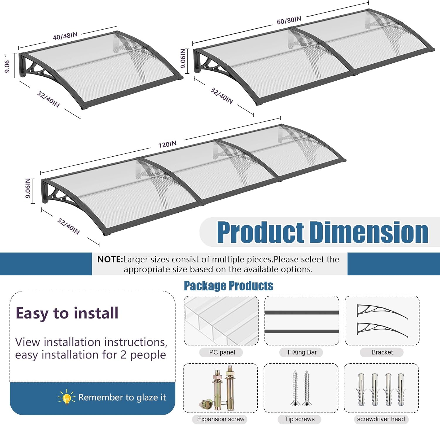 40 * 60'' Window and Door Awning Exterior, UV/Rain/Snow/Sunlight Protection Sheet,UPF 50+ Polycarbonate Overhang Canopy,House Overdoor Awnings for Door Entrance Outside/Patio/Porch/Deck