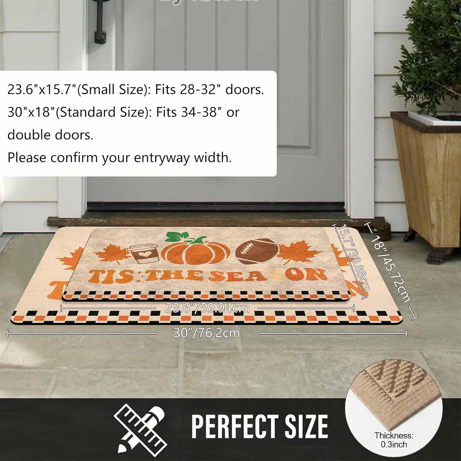 Retro"Tis the Season"Fall Door Mat,Halloween Welcome Mat for Front Door,Non-Woven Fabric Doormat for Entryway, Porch or Patio,Bathroom,Kitchen,Rubber Backing Outdoor Rug Flat Printing Doormat 30*18 in