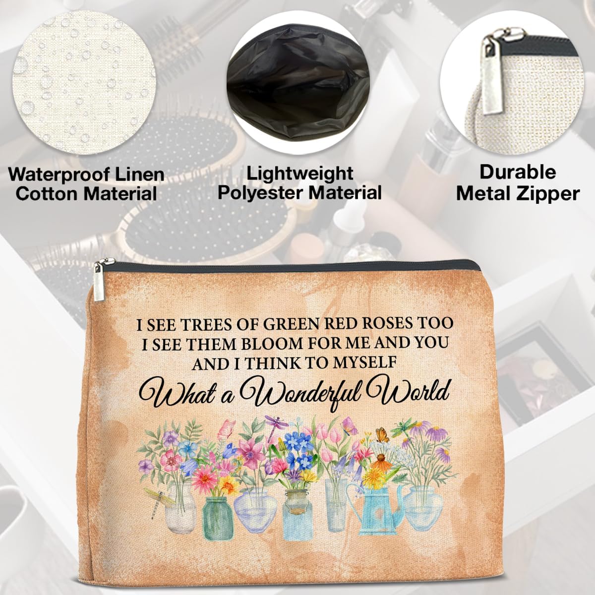 Floral Makeup Bag Gifts for Women What a Wonderful World Floral Butterfly Cosmetic Bag Zipper Makeup Pouch - Image 3