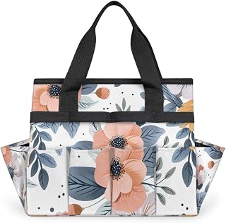 Garden Tool Bag Organizer Garden Tote Bag with Pockets Floral Flowers Buds Tool Storage Organizer Gardening Tool Kit Holder 13" x 6.8" x 2.8"