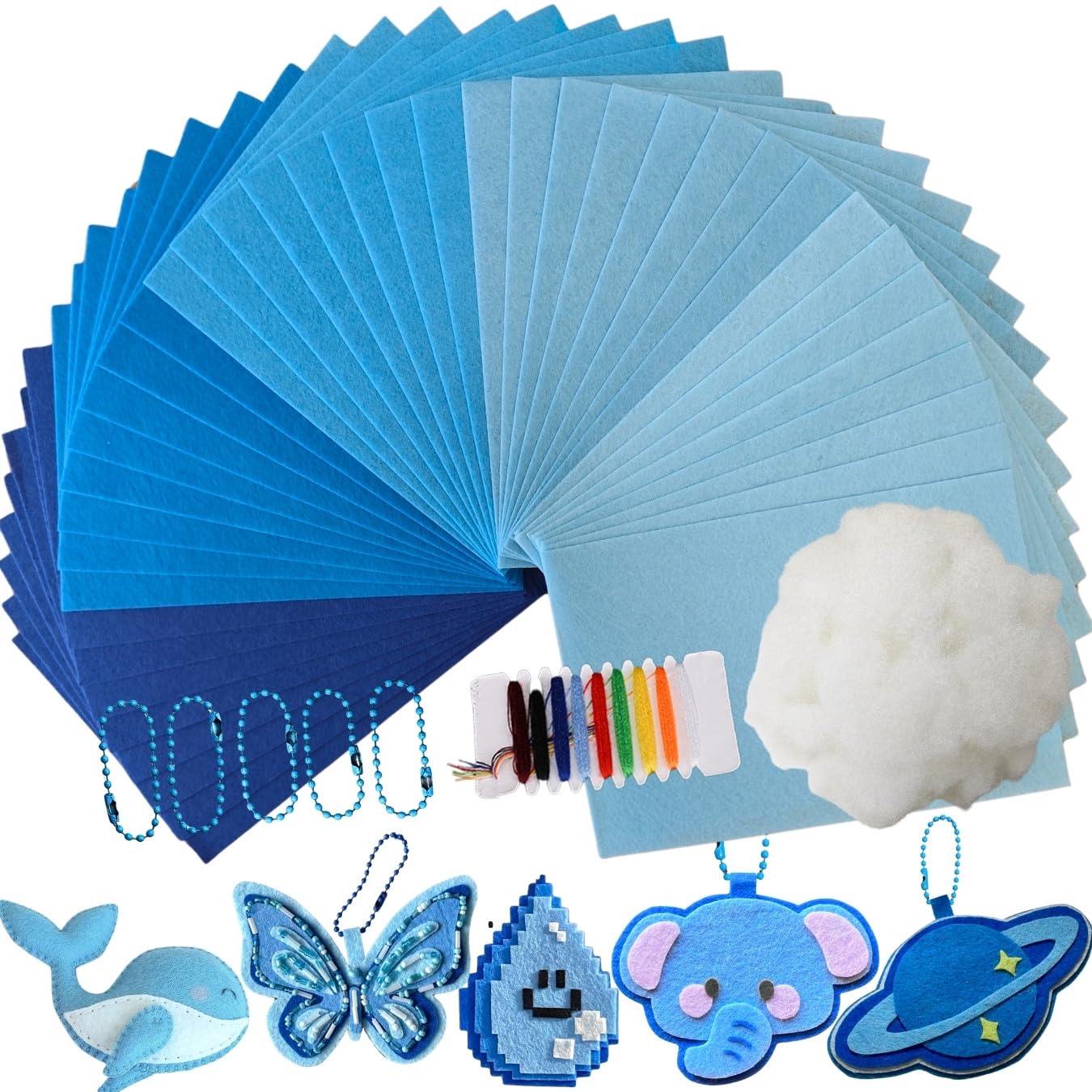 HanCheng 40 PCS Blue Felt Fabric,5 Colours Felt Sheets with 50g Stuffing,5 Ball Chain,Needle and Thread,1mm Thick Nonwoven 20 x 30 cm,Fabric for Sewing and DIY Crafts (Blue Series)