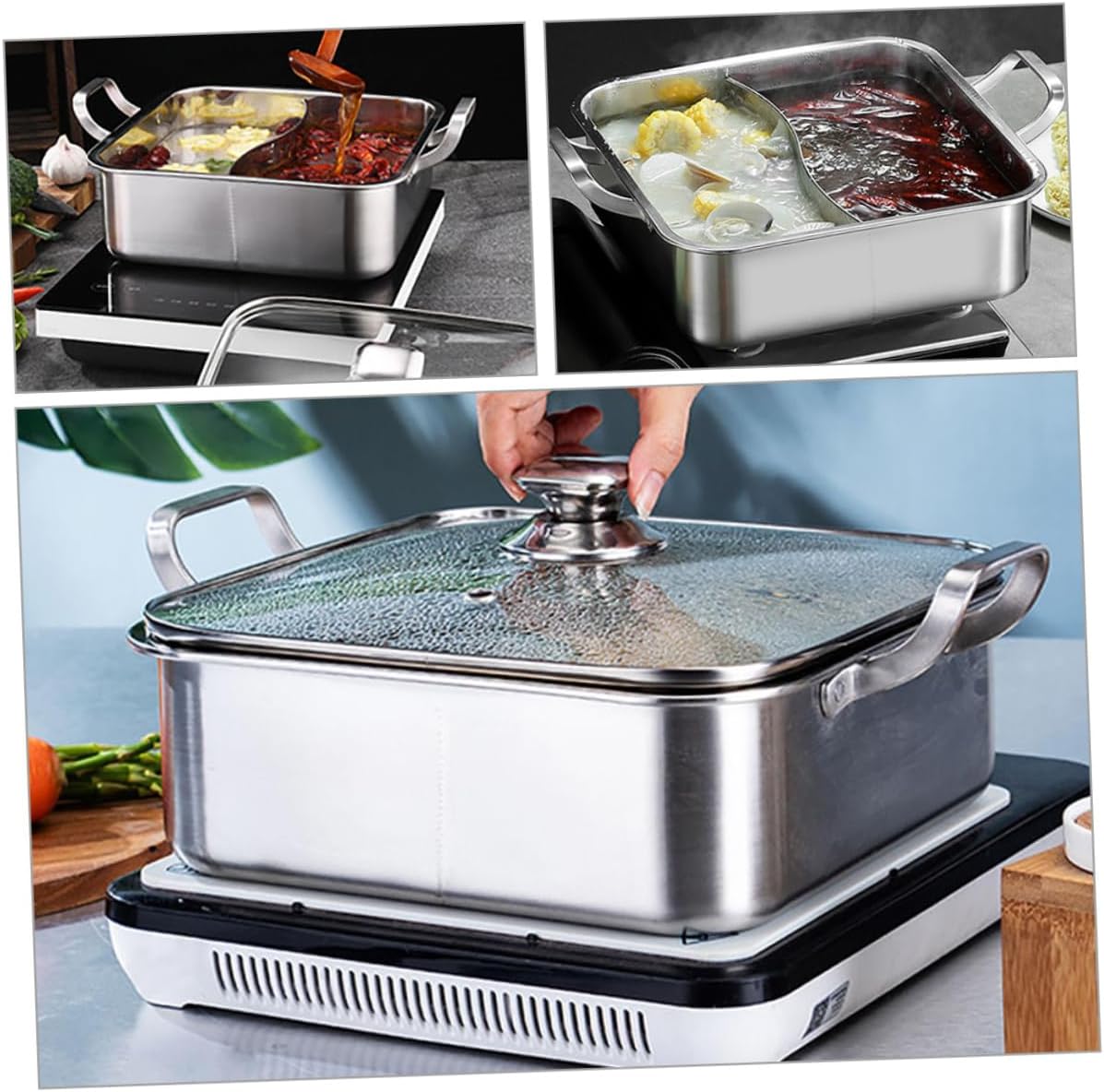 Ciieeo Dual-Sided Hot Pot with Lid 304 Stainless Steel Divided Hot Pot Multi-Functional for Induction Cooking for Family Gatherings and Parties