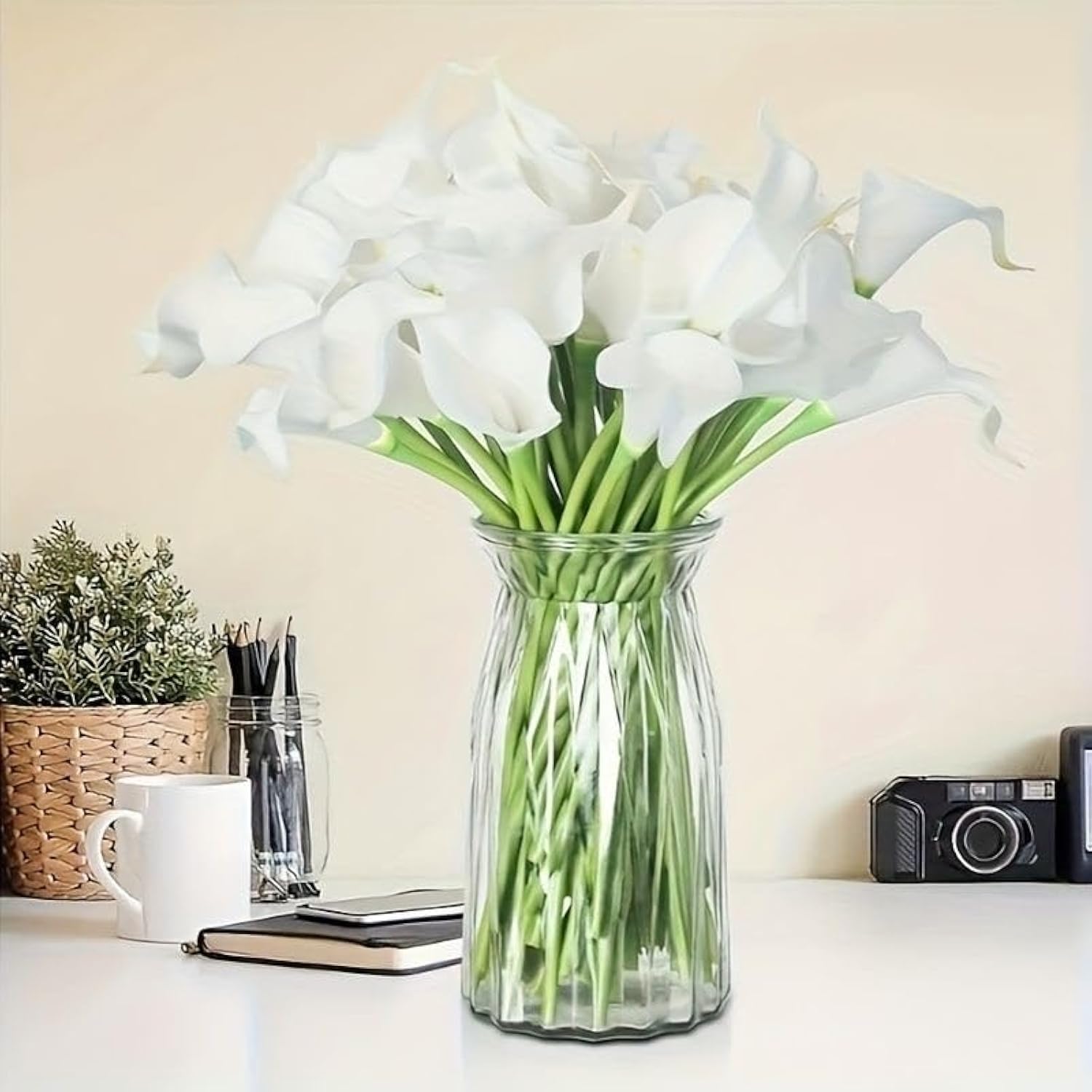 Artificial Calla Lily Real Touch Fake Flowers Floral Bouquet for Home Office Parties Wedding Event Decor 8 Pcs White (White)