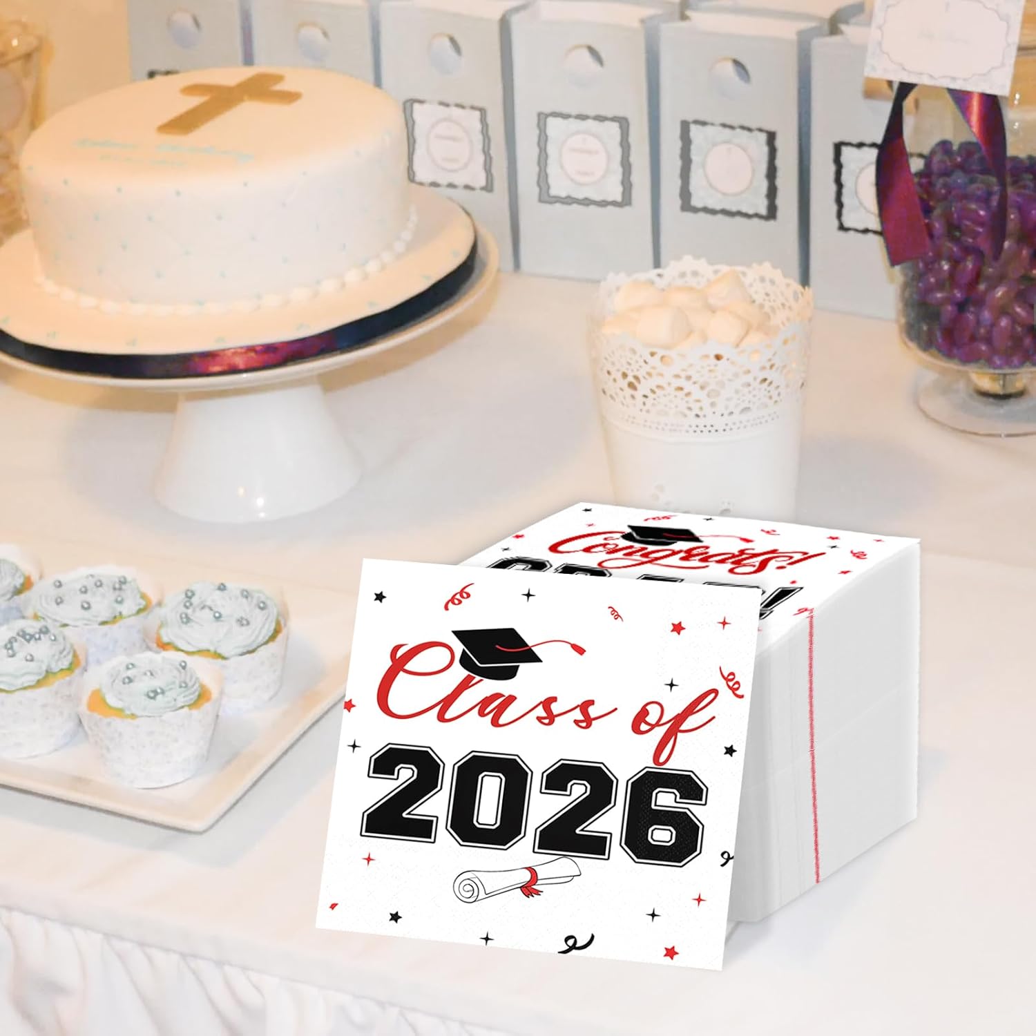 Class of 2026 Graduation Napkins, 3-Ply Disposable Congrats Grad Paper Napkins for Dinner and Cocktail Party Decorations, School and College, 6.5-Inch Square (200, Black Red)