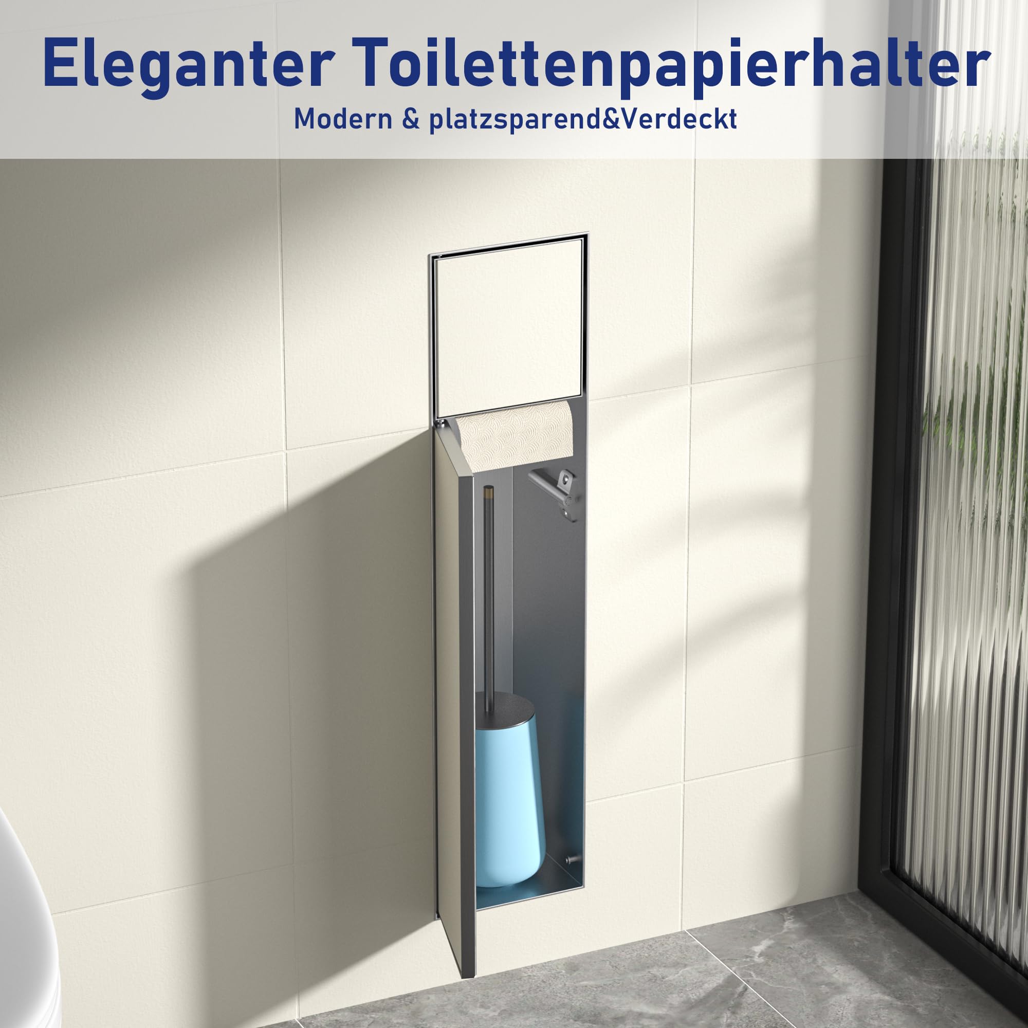 Edelstahl Unterputz Toilettenpapierhalter, Klopapierhalter mit Aufbewahrung Bietet Platz für Neue Rollen/Klobürstengarnitur, WC Papier Halterung für Toilette, 63×15×15cm, Silber