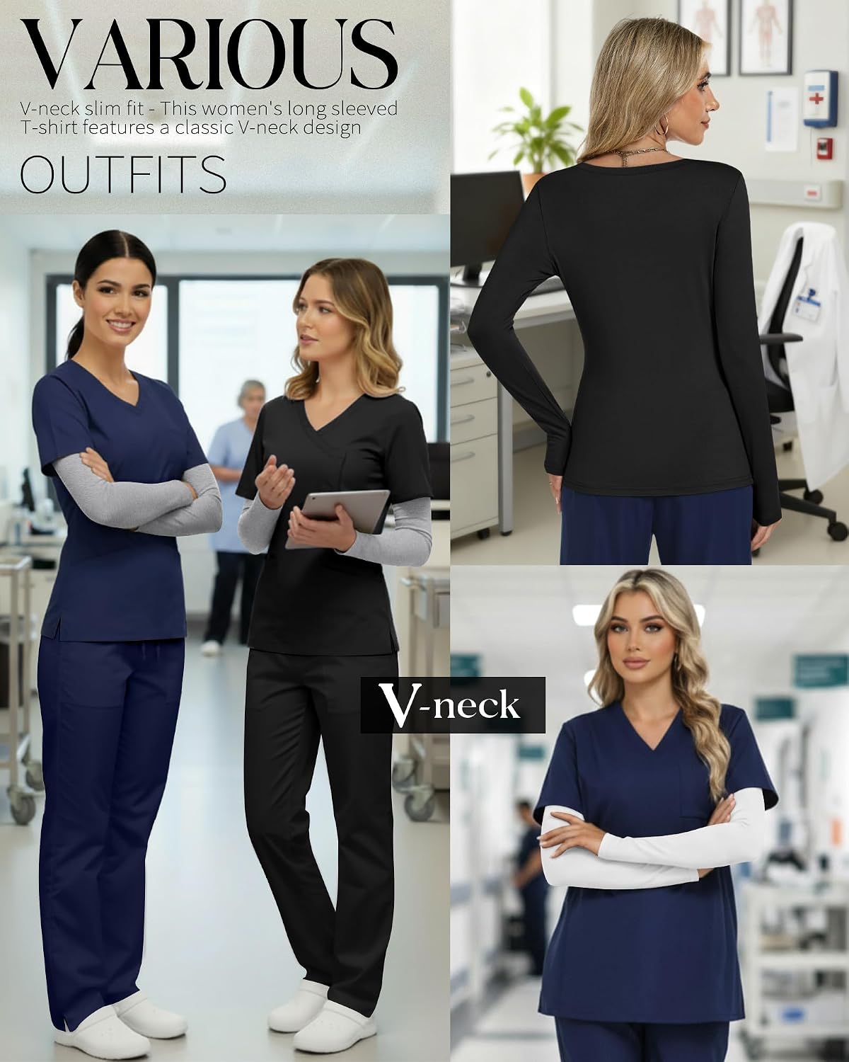Neer 3 Pack Women Long Sleeve Underscrubs Shirt V Neck Slim Fitted Scrub Undershirts Comfort Nurse Fall Layering Tees Tops