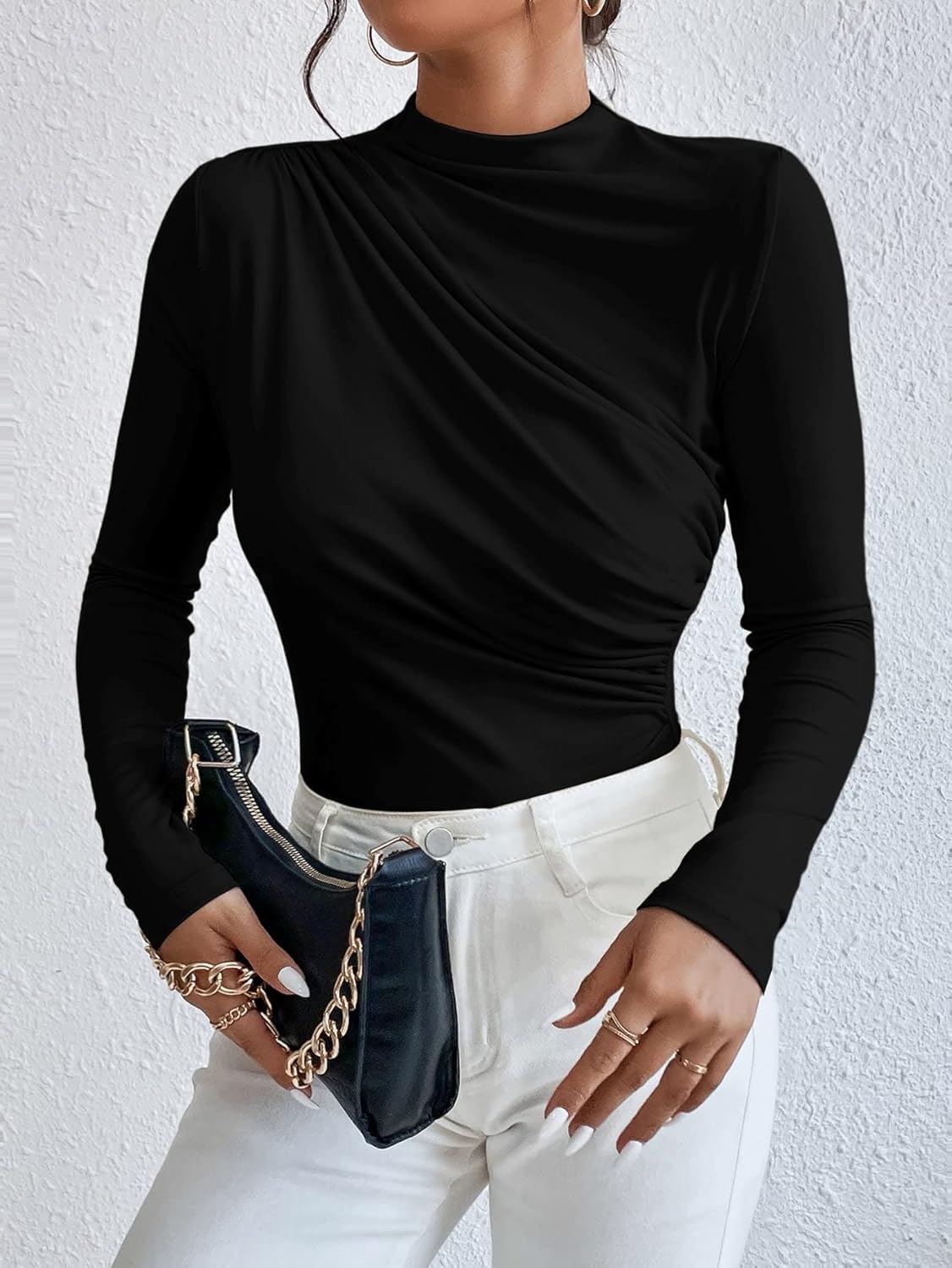 SweatyRocks Women's Bodysuit Mock Neck Casual Ruched Long Sleeve Jumpsuit - Image 3