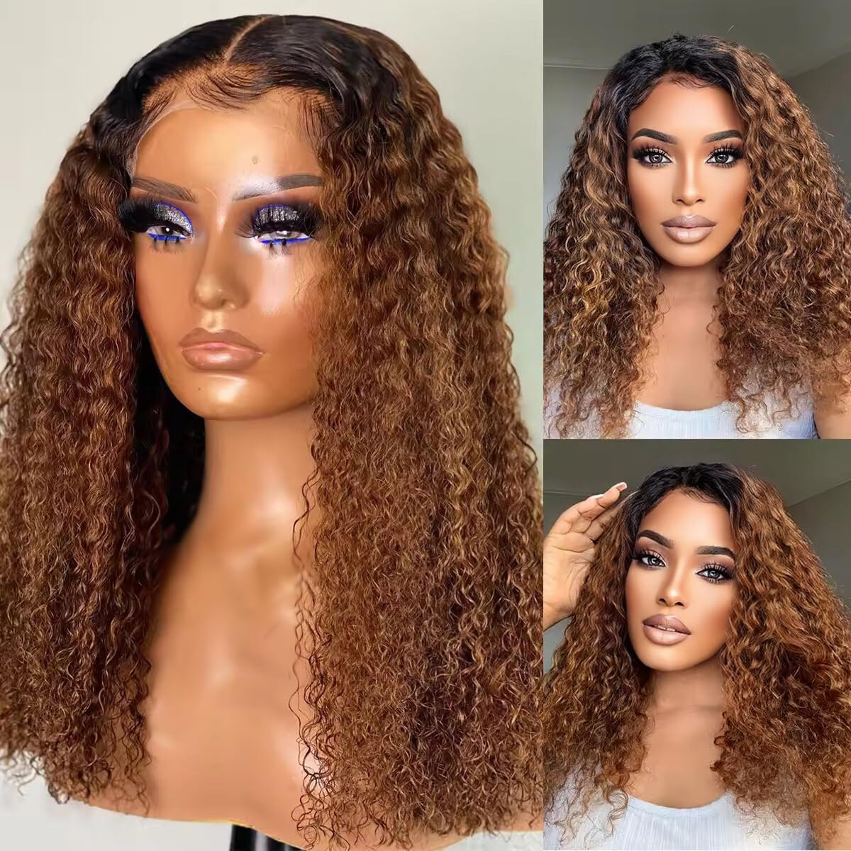 Brennas Hair Ombre Curly Lace Front Wig Human Hair Dark Root with Medium Brown 13x4 Glueless Lace Front Wigs for Black Women 1b30 Deep Wave Human Hair Wig Pre Plucked Elastic Band 180% Density 20 Inch