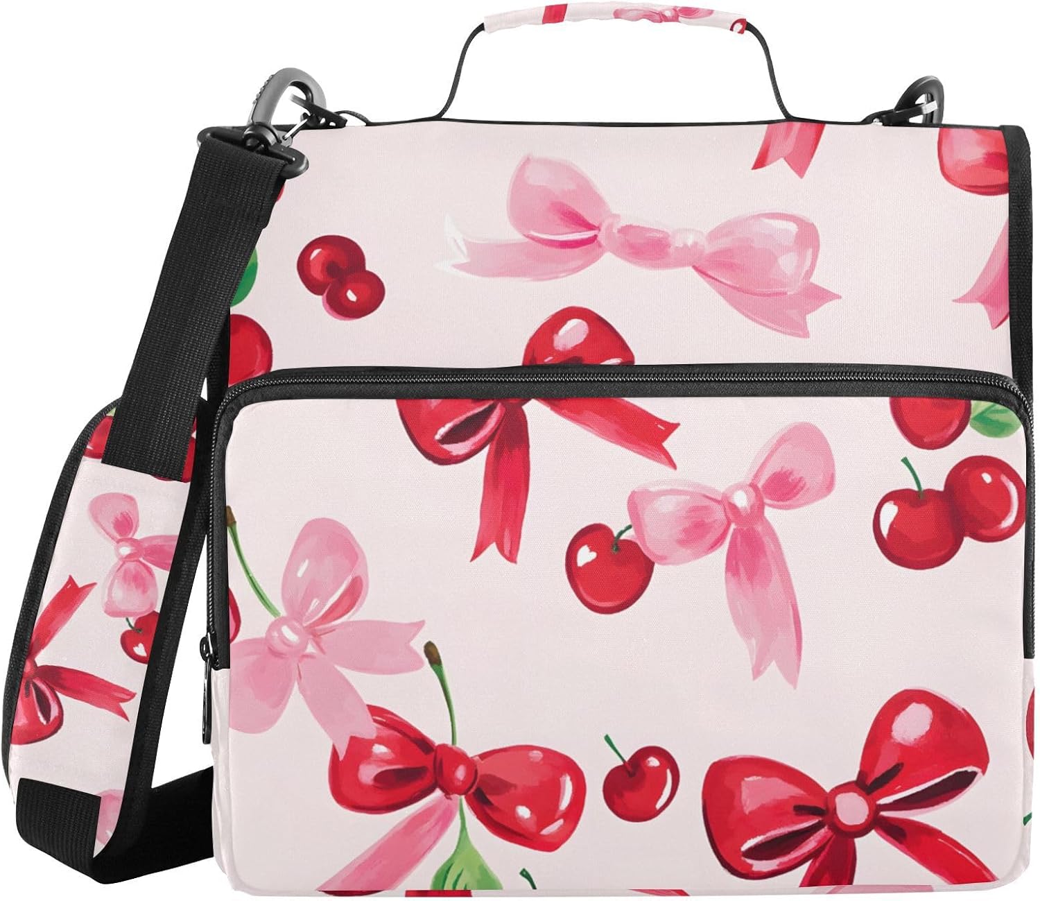 Cherries Bows Pattern Zipper Binder 3 Ring Binder with Shoulder Strap 500 Sheet Capacity Storage Organizer File Folder