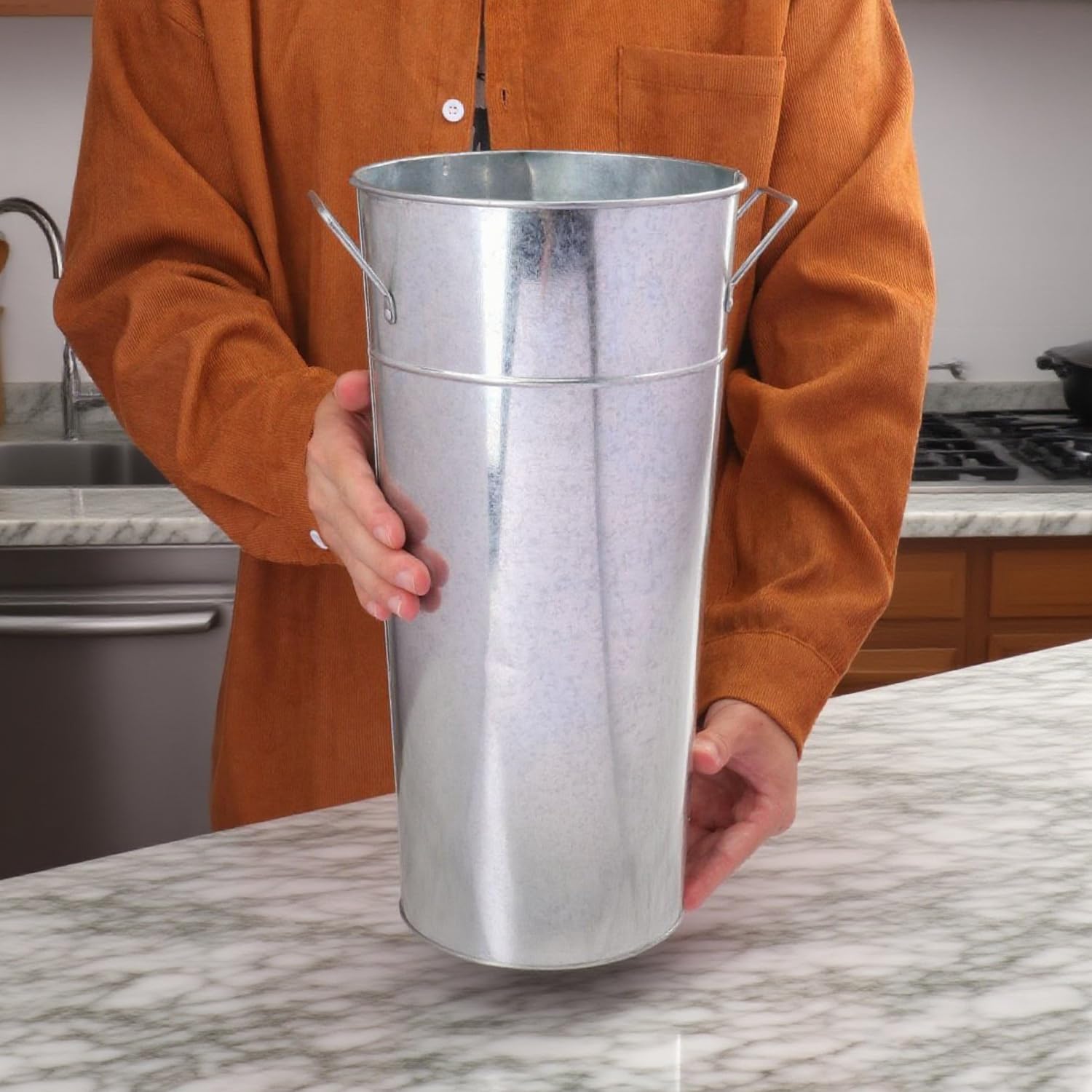 2 Pcs 15 Inch Tall Galvanized Metal Vase with Handles, French Flower Bucket Vases for Any Farmhouse, Modern, or Traditional Setting(Silver)
