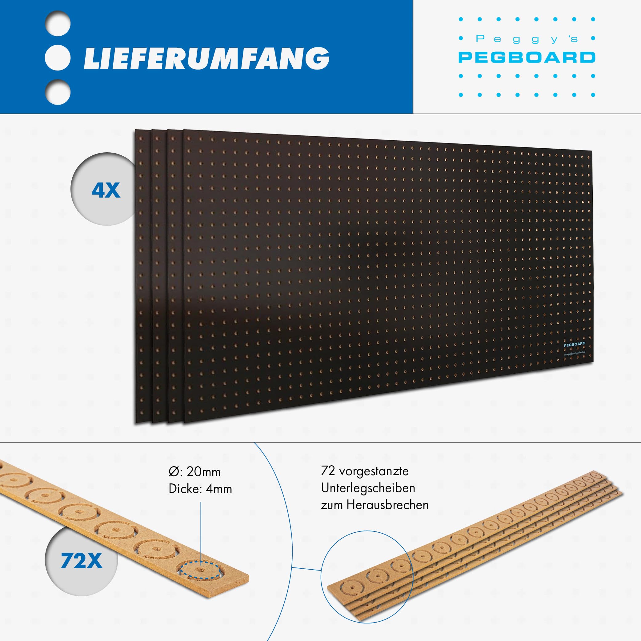 Pegboard 4 St. Werkzeugwand aus Holz (MDF) 120 x 60 x 0,5 cm - Lochung Ø7 mm Lochabstand 25,4 mm - schwarz lackiert - Made in Germany
