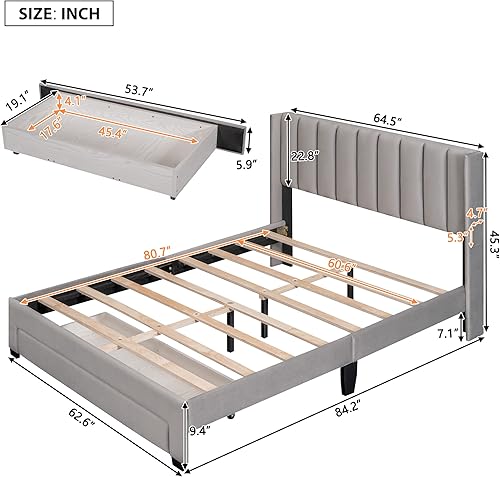 Miniatura 18 de Cama de plataforma de tamaño Queen con cajones para dormitorio, marco de cama tapizado de terciopelo para niños, niñas, adolescentes y adultos, no