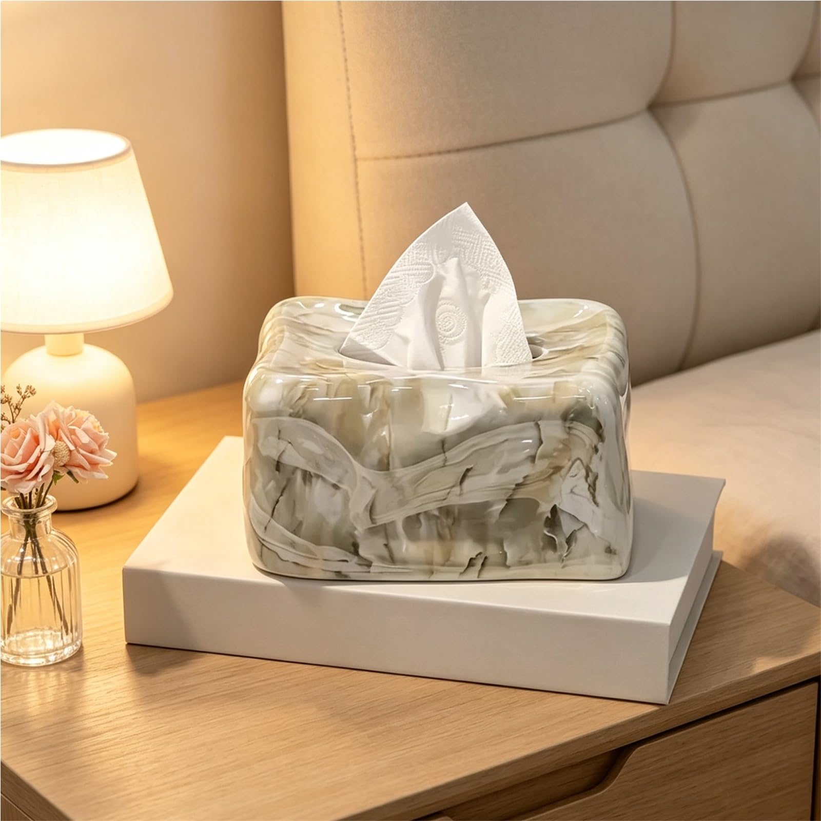 Pudełko na chusteczki ozdobne pudełko na chusteczki z marmurowym wzorem premium ceramiczne pudełko na chusteczki do lodu, estetyczny wystrój domu