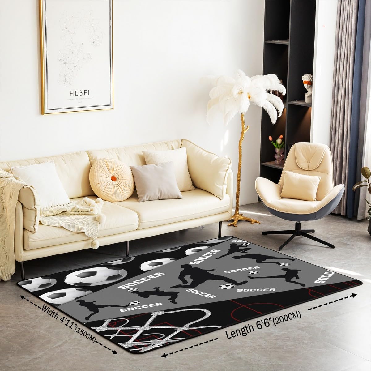 Soccer Area Rug for Kids Boys Teens,Grey and Black American Soccer Carpet 5x7,Gift for Soccer Player Area Rugs,Sports Ball Game Court Net Indoor Floor Mat Home Room Decor