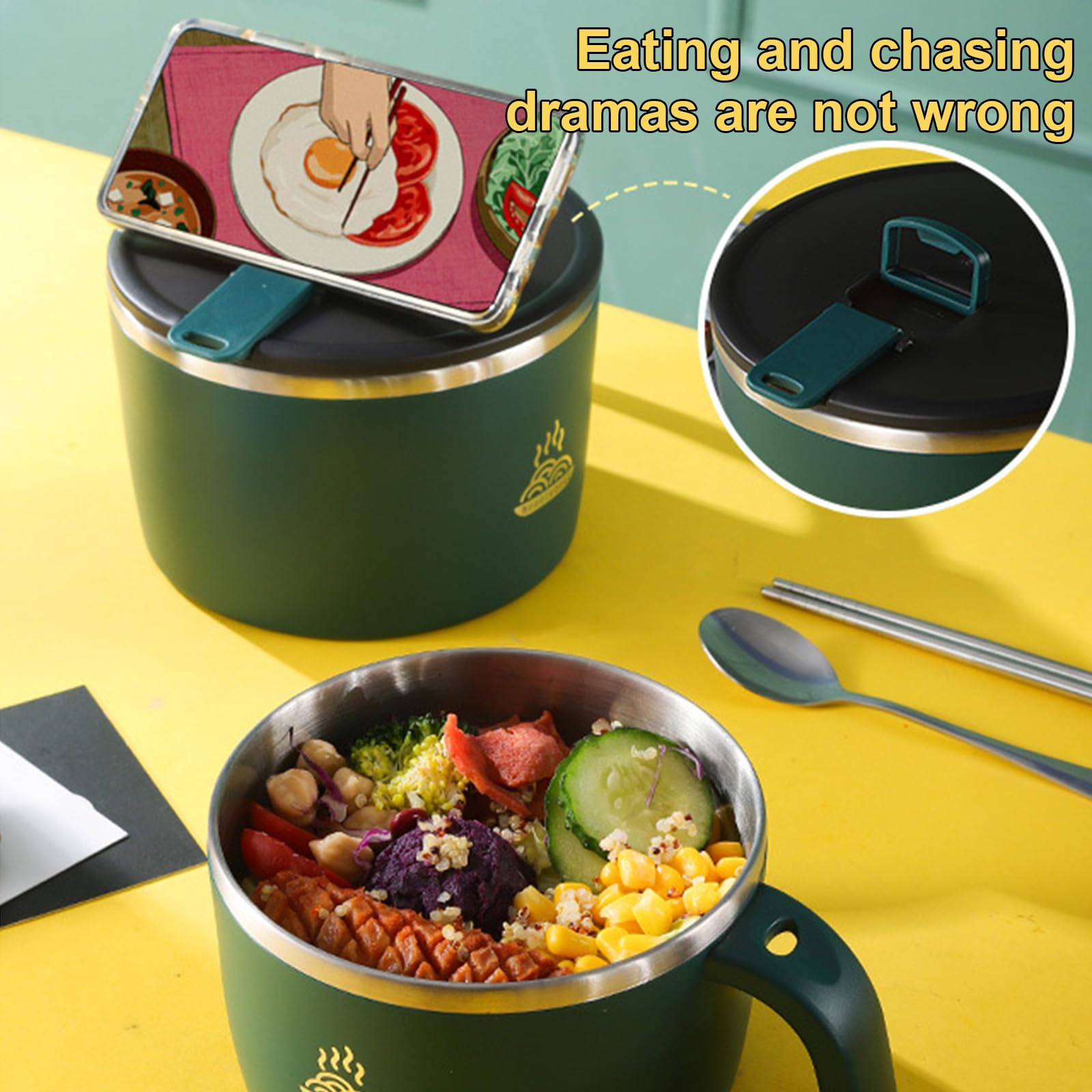Bol à Ramen 1200 Ml En Acier Inoxydable 304 Avec Couvercle Et Cuillère - Isotherme Avec Poignée