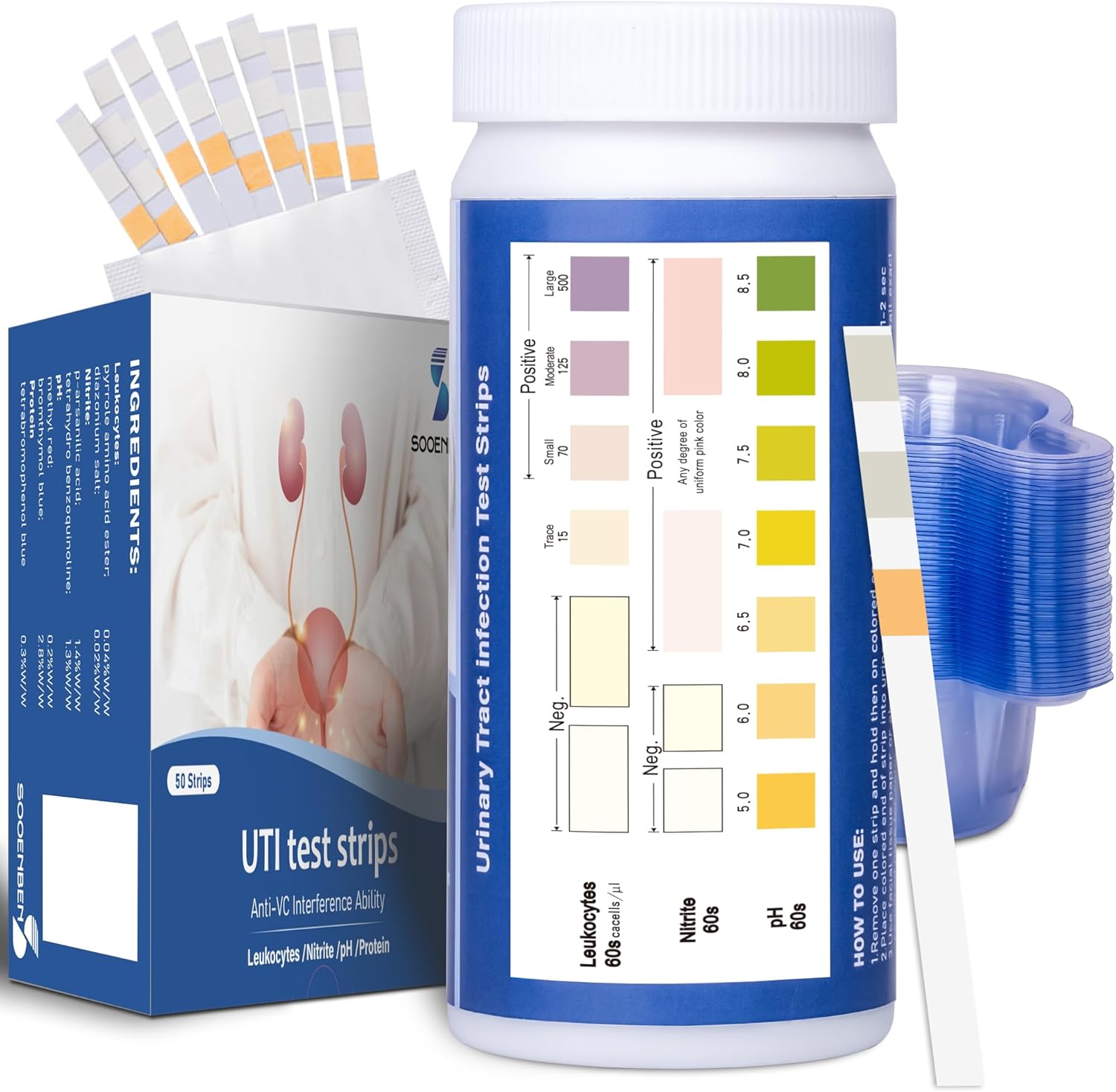 3-in-1 UTI Test Strips, 50ct Full Panel Urinary Tract Infection Test Kit at Home for Women Men Kids, Urinalysis Leukocytes, Nitrites, PH Urine Strip 1 Count (Pack of 50) Blue-3in1