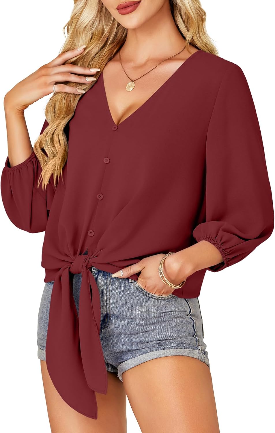 LYANER Women's Casual V Neck Tops 3/4 Sleeve Tie Knot Blouses Solid Button Down Summer Shirts - Image 3