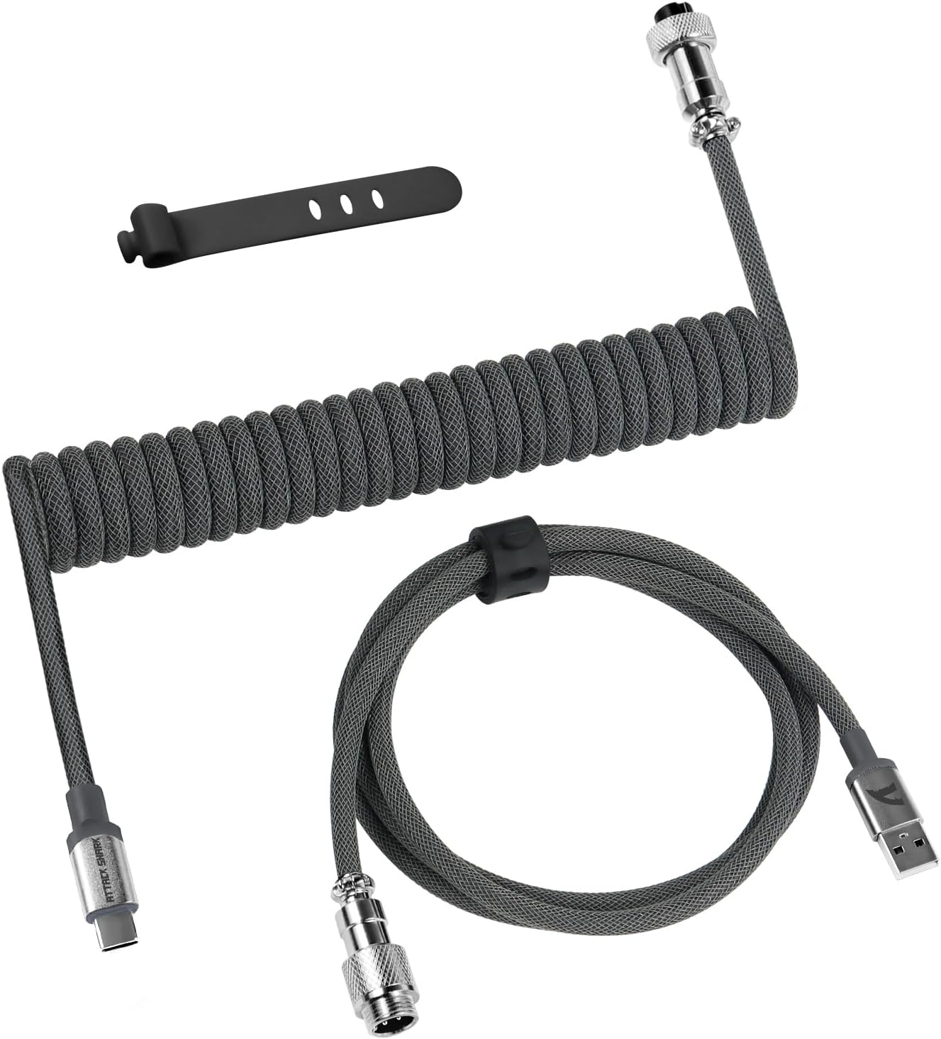 ATTACK SHAKR C01PRO Custom Coiled USB-C Cable for Gaming Keyboard,Detachable Double Sleeve Braided Keyboard Cables1.7M-2.2M Coiled USB C to A Cable with Metal Aviator for Mechanical Keyboard/Cellphone