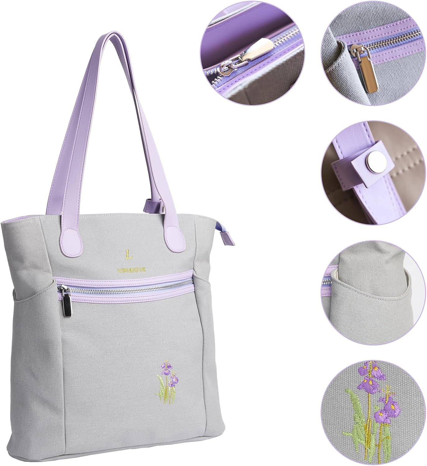 Women's Canvas Tote Bag, 13.7" Handbag with Elegant Embroidery, Metal Zipper & Faux Leather Quick-Snap Handles - Image 7