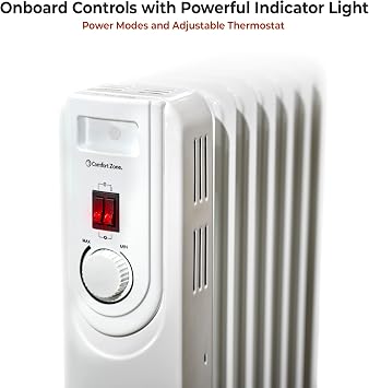 Comfort Zone Electric Oil-Filled Radiant Radiator Space Heater, Never Refill, Adjustable Thermostat, Tip-Over Switch & Overheat Protection System, Ideal for Home, Bedroom, Office, 1,200W, CZ7007J