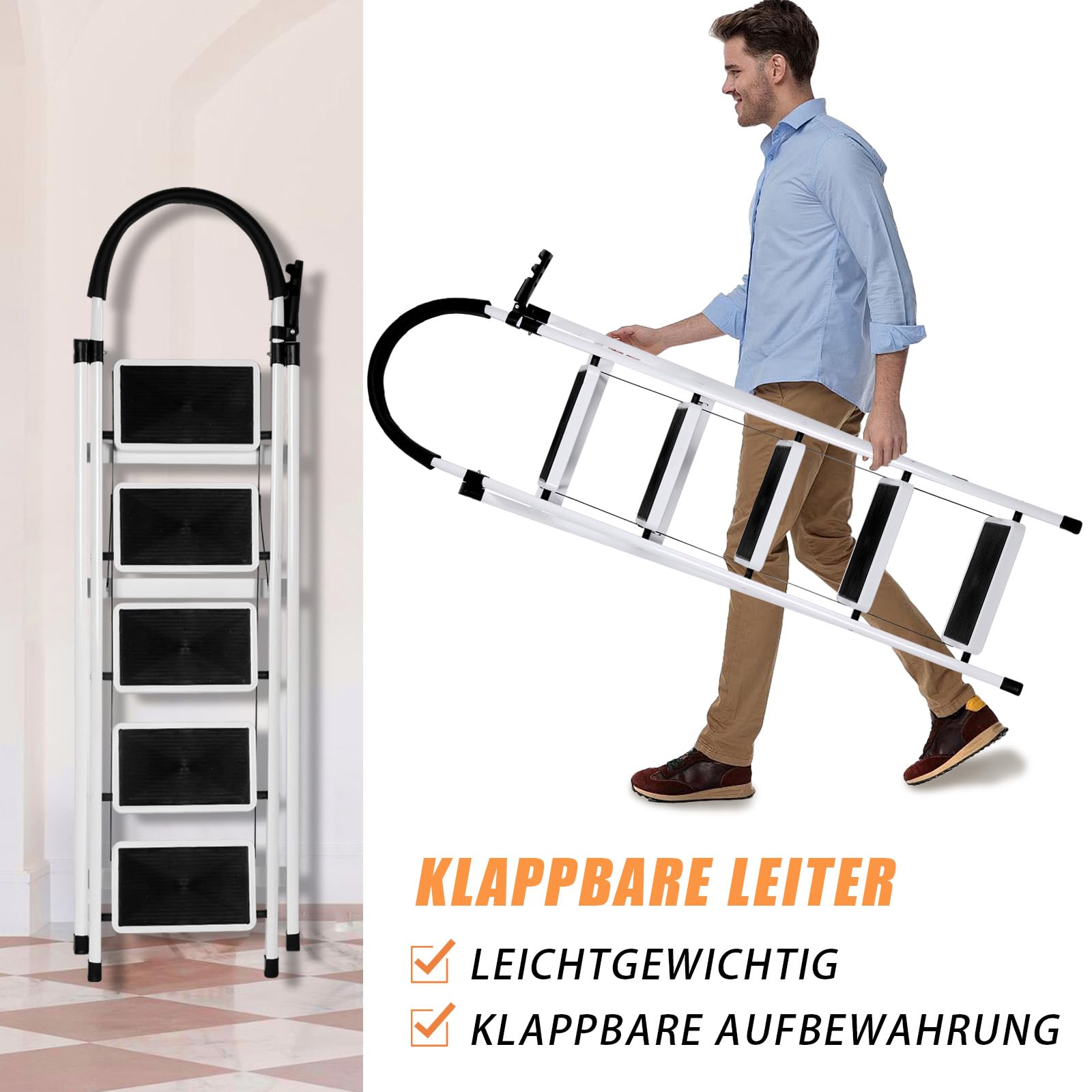 Escalera Plegable de Acero de 5 Peldaños, Escalera Doméstica Antideslizante con Barandilla para Cocina, Hogar y Oficina - Blanco | Antideslizante, Para Cocina, Para Hogar, Para Oficina, Doméstica