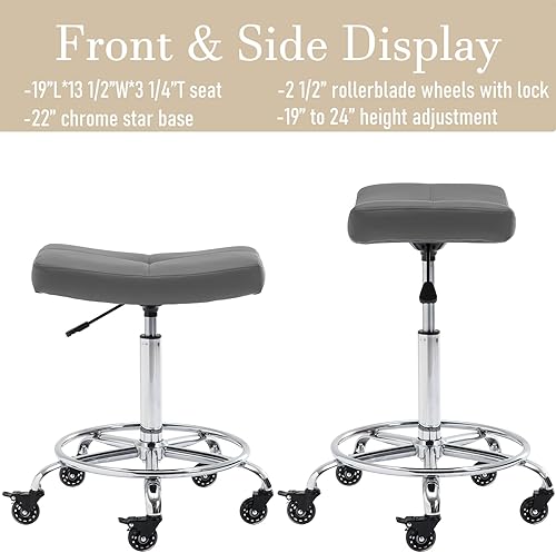 Miniatura 7 de CoVibrant Taburete ancho con ruedas de bloqueo, reposapiés giratorio de altura ajustable para salón de cocina