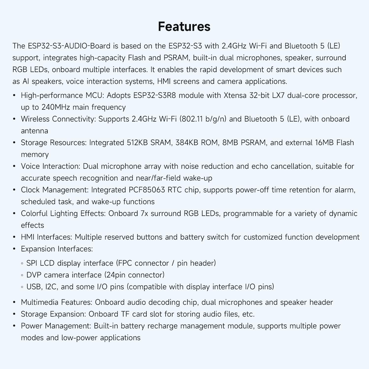 Waveshare ESP32-S3 AI Smart Speaker Development Board, Dual Microphones, Noise Reduction, RGB Lighting, External Display & Camera Support