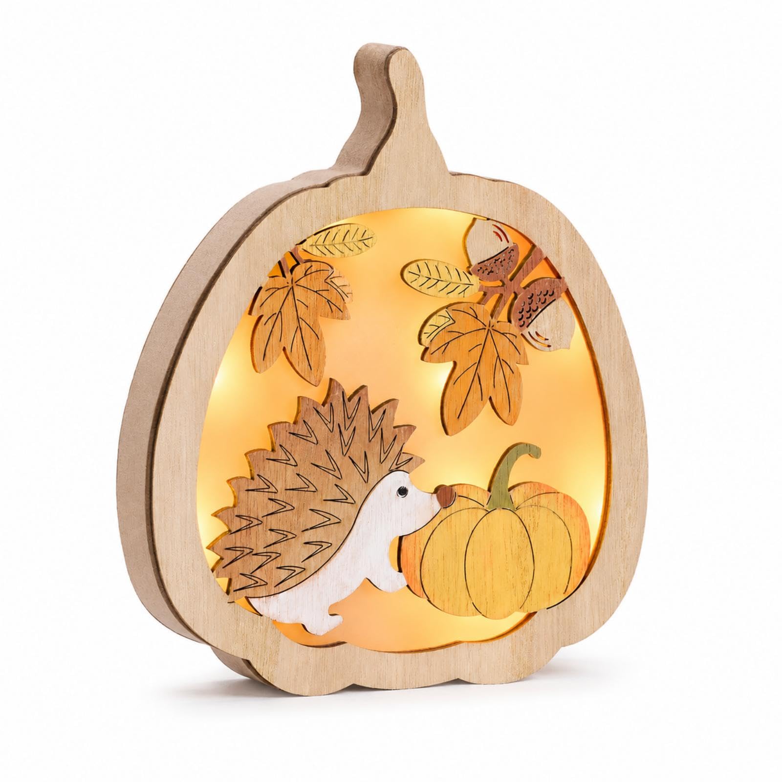 Light Up Autumn Decorations, LED Table Ornaments with Hedgehog, Maple Leaf Pumpkin and Strobile LED Light Up Pumpkins Decor, Wooden Autumn Lights for Indoor Harvest Halloween Fall Home Decor