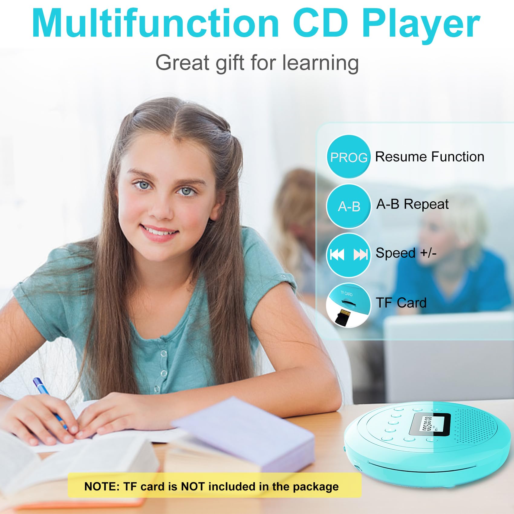 Tragbarer Klein CD Player mit Lautsprecher für Auto Hörbücher Musikhören | Anti-Skip, 1400mAh Akku für 10 Stunden Spielzeit, Unterstützung der TF Card