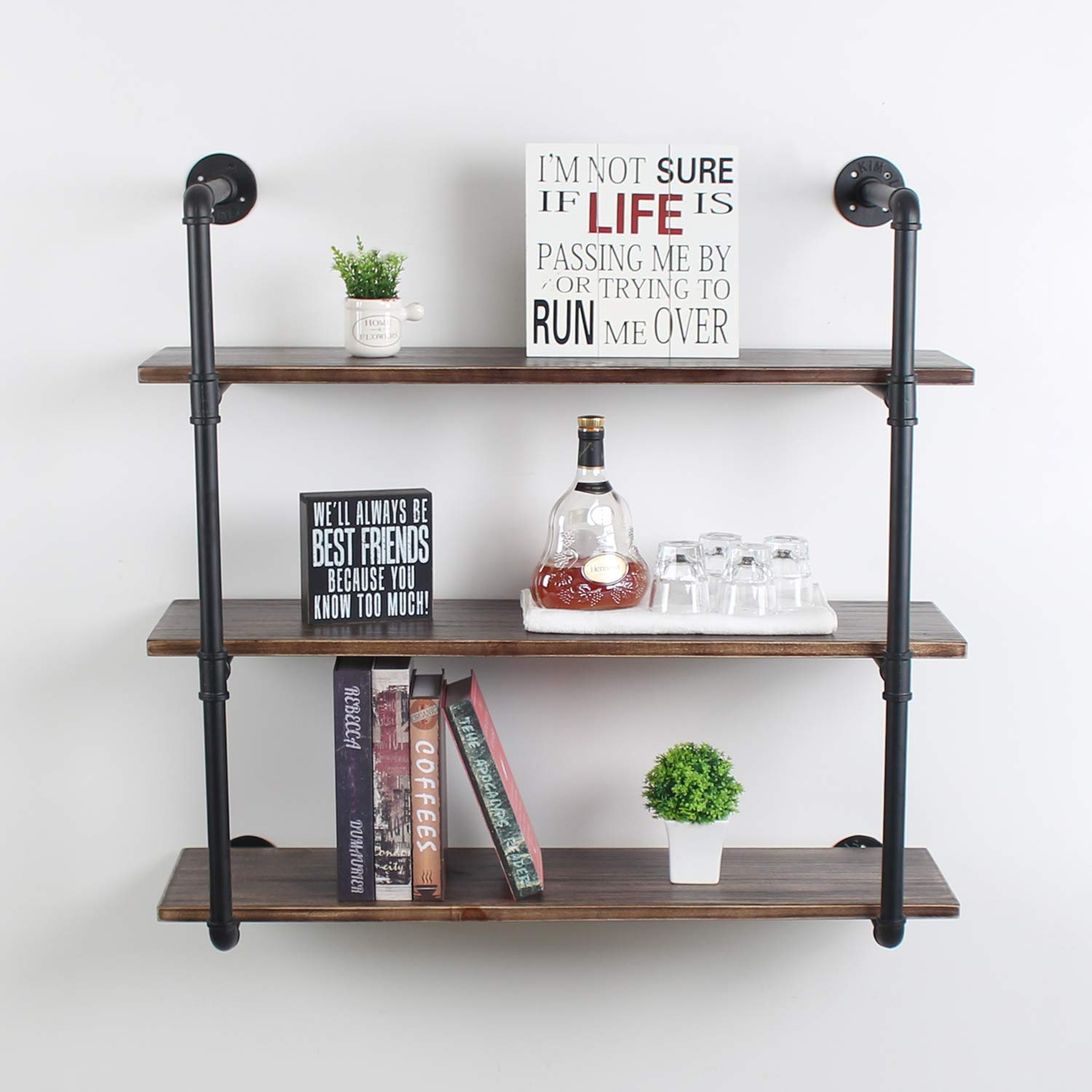 Industrial Floating Shelves Wall Mount,36in Rustic Pipe Wall Shelf,3-Tiers Wall Mount Bookshelf,DIY Storage Shelving Floating Shelves,Wall Shelving Unit,Wall Book Shelf for Home Organizer
