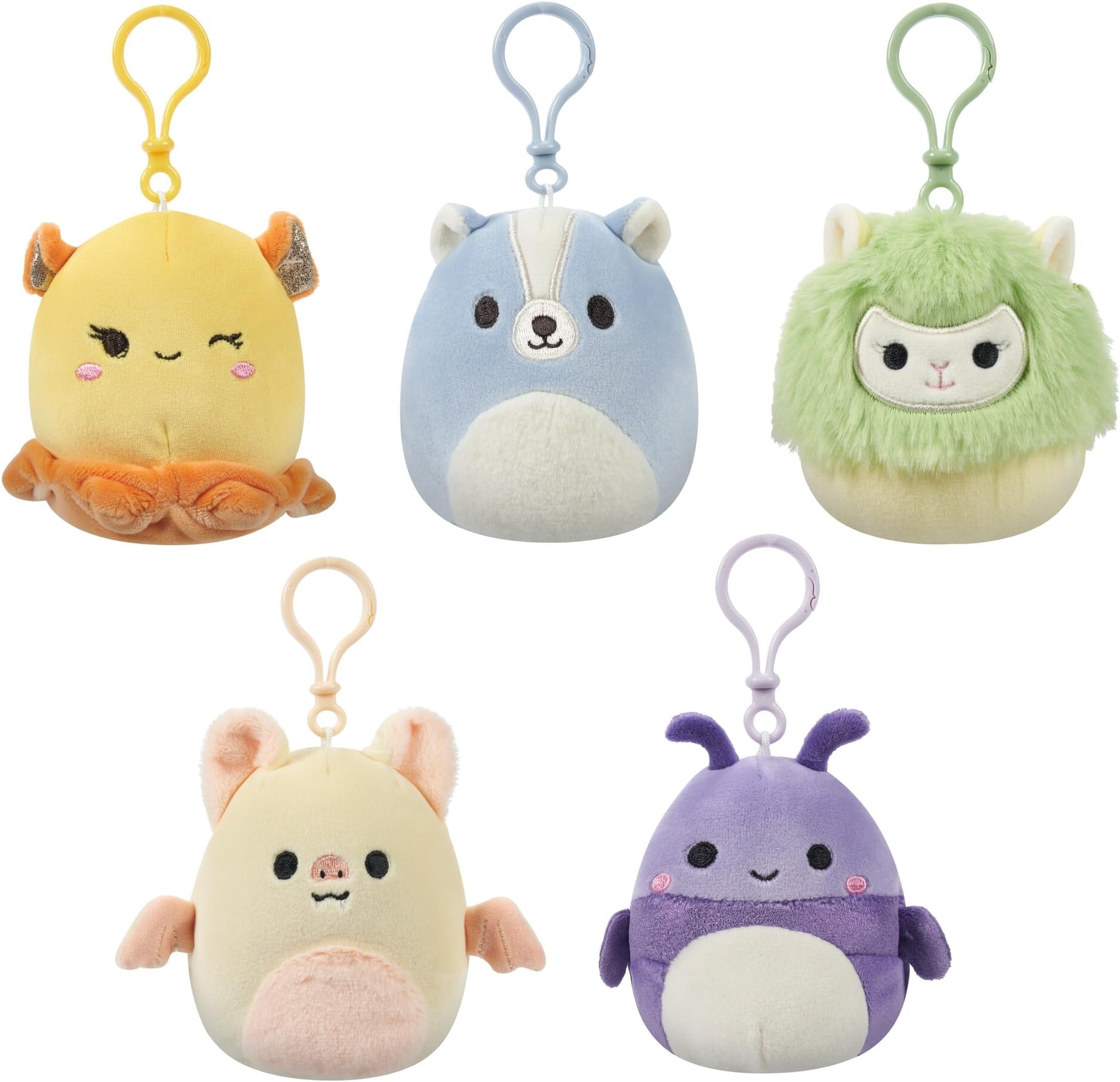 Squishmallows Original 3.5 Inch Clip-On 5 Pack - Blue Skunk, Cream Bat, Purple Beetle, Lime Greem Llama, Yellow Dumbo Octopus