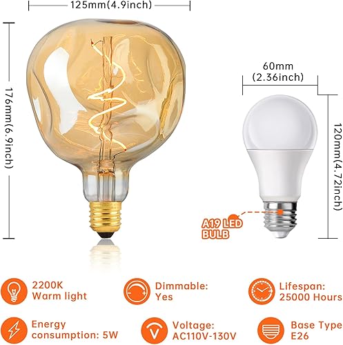 Miniatura 3 de OMED S125 - Bombilla LED Edison grande de 5 W, 400 lúmenes, 2200 K, color amarillo cálido, bombilla Edison grande, de vidrio ámbar, bombilla