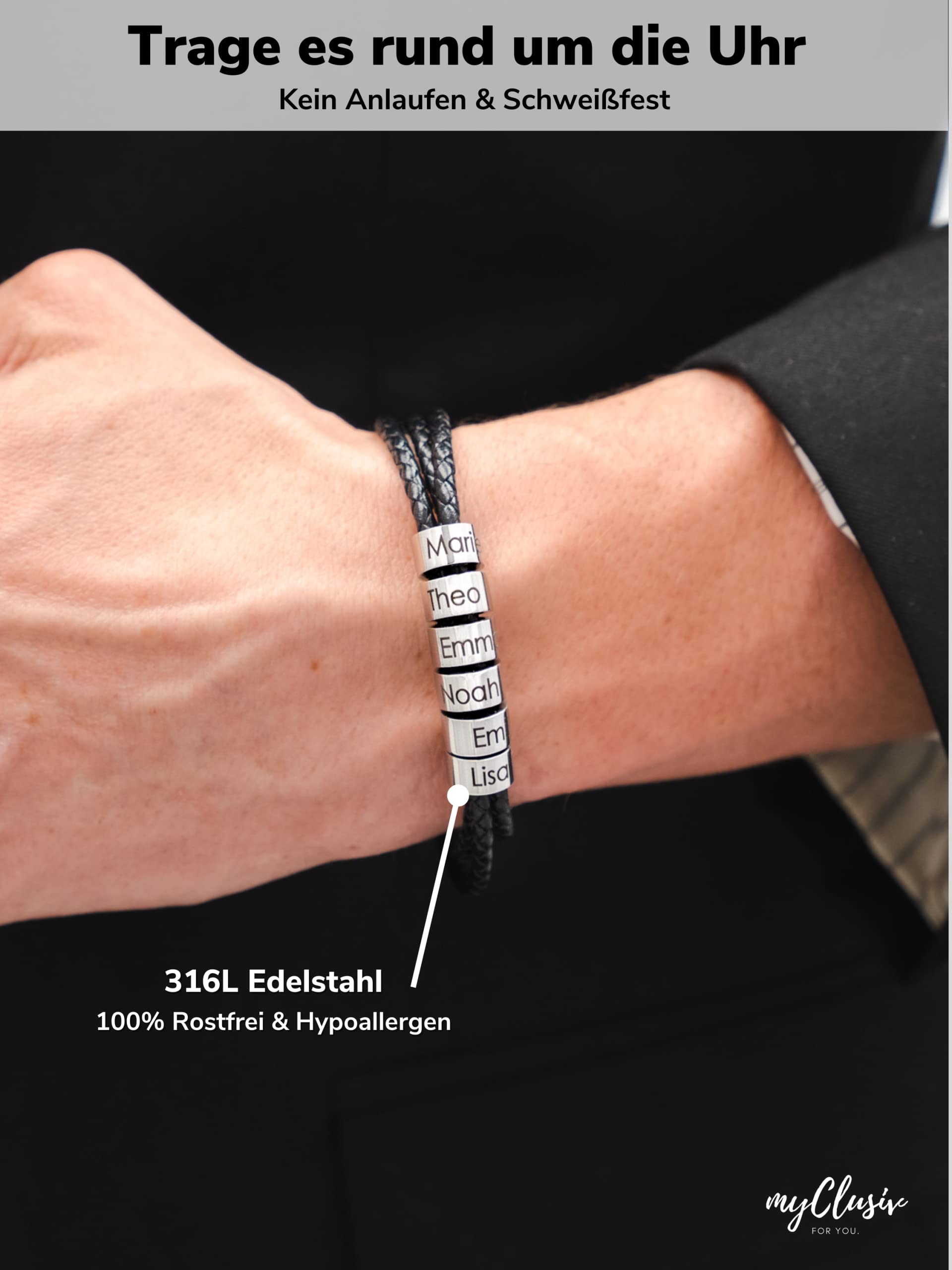 Personalisiertes Lederarmband Herren mit Namen auf Silbernen Ringen - Armband mit Gravur - Geschenk für Männer - Männerarmband - Geschenk Papa