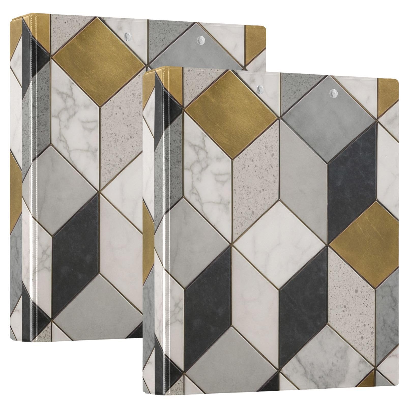 Carpeta de 3 anillos, carpeta de anillos en D de mármol dorado, blanco y gris, paquete de 2 | Con portapapeles y bolsillos, para escuela, universidad, oficina