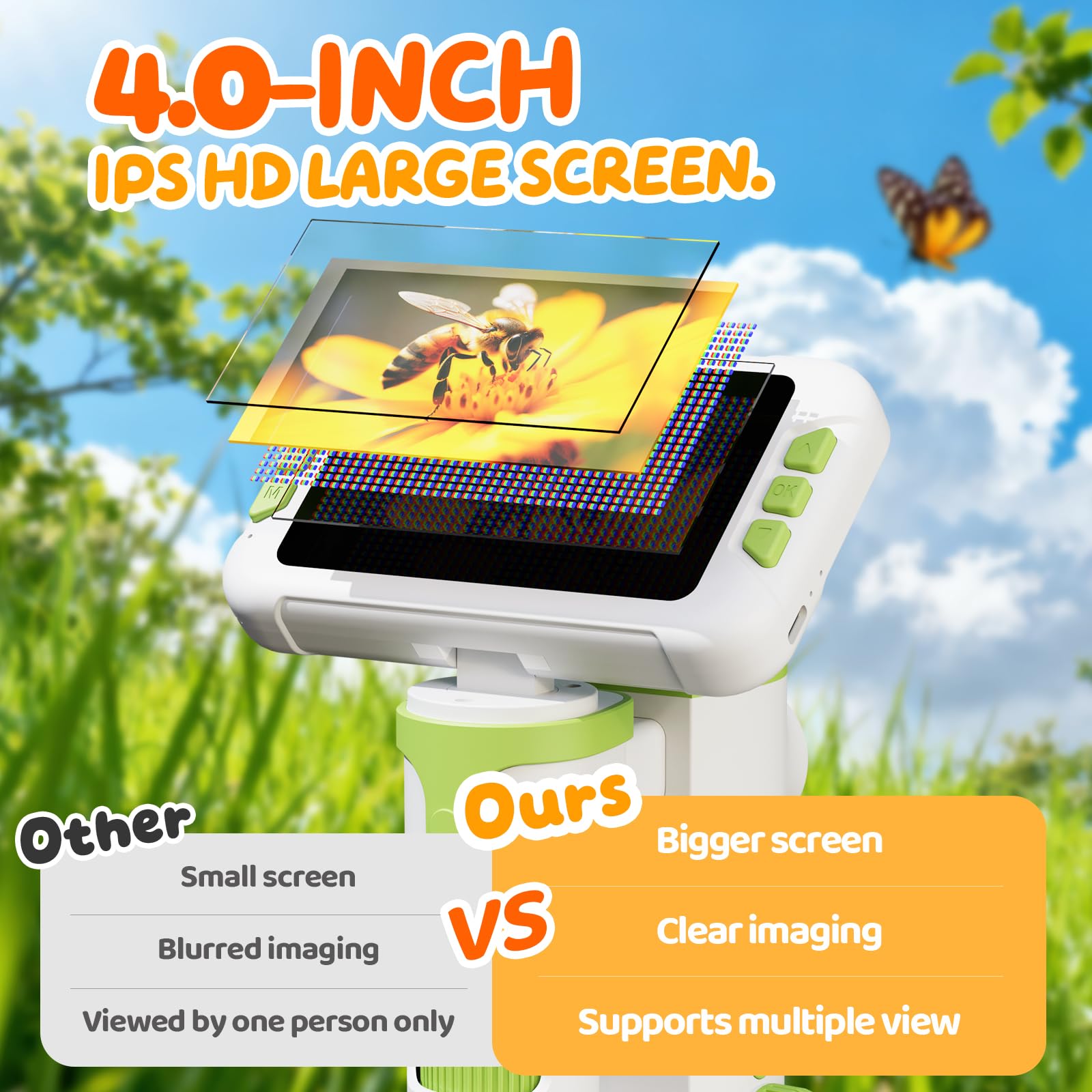 1600X Microscopio para Niños, 4.0" Pantalla Microscopio Digital con Kit de Portaobjetos y 6 Luces LED, Juguetes Ciencias Educativas, Niños Alumnos de 3 a 12 Años