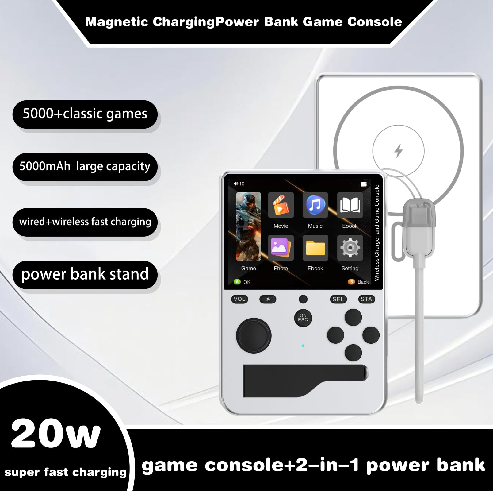 Tragbare Retro-Spielkonsole | 3,0 Zoll IPS HD-Display, 5000 mAh Akku & Magnetisches Kabelloses Laden | Über 5000 Klassische Spiele