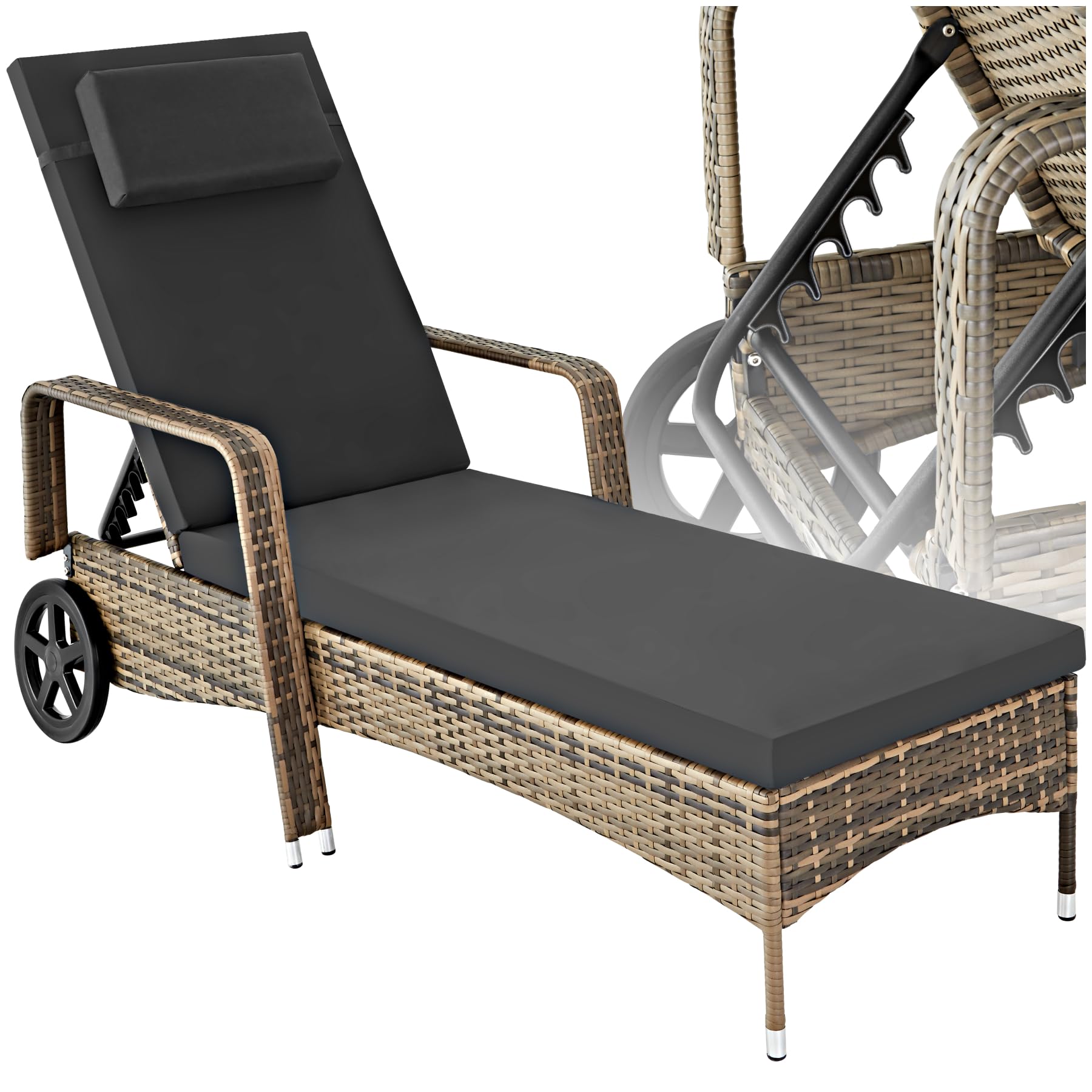 tectake® Chaise Longue Bain de Soleil en Resine Tressee Résistant Inclinable avec Roulettes Transat Salon de jardin exterieur Mobilier de Jardin Chaise Longue Piscine Plage - Marron Naturel/Gris Foncé