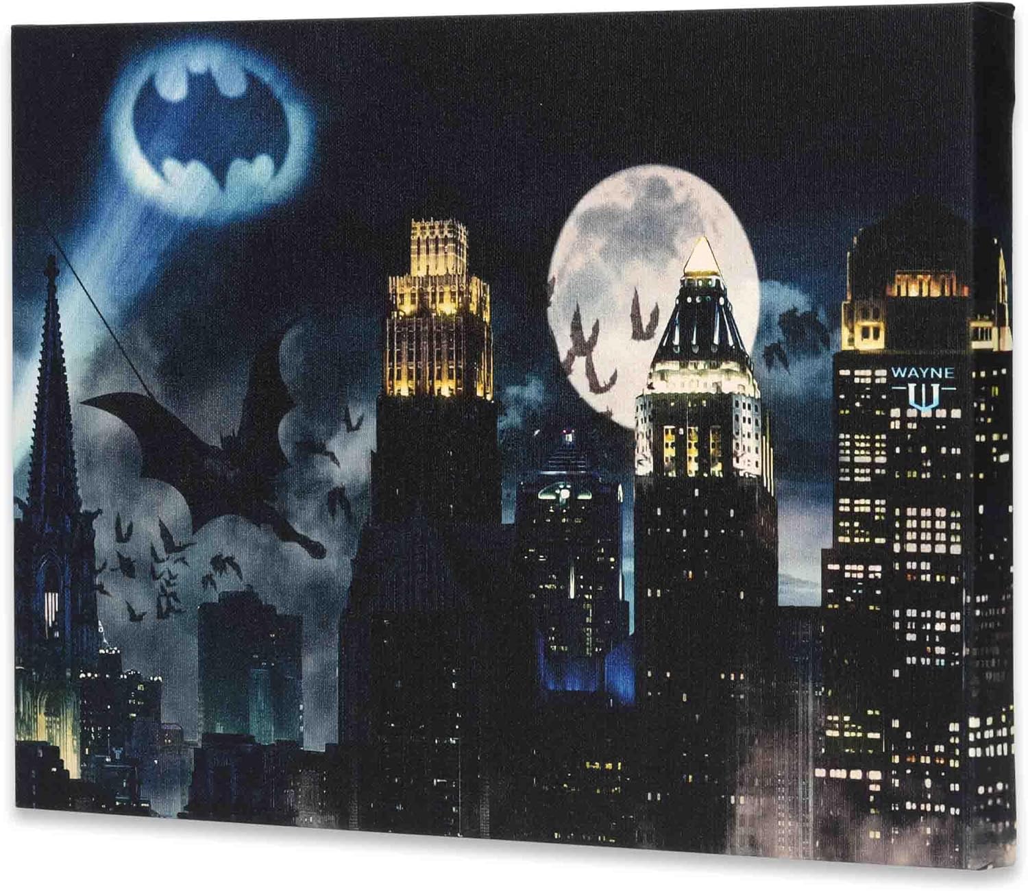 DC Comics Bat Signal Over Gotham City Gallery Wrapped Canvas Wall Decor - Vintage Batman Wall Art for Man Cave or Movie Room