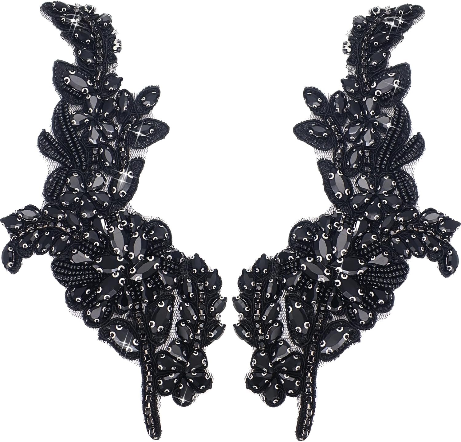 Bijou Joon 1 Pair Black Rhinestone Applique Rhinestone Patches Iron on Lace Beaded Crystal Applique Fabric DIY Diamond for Sewing Bodice Clothes Dresses Wedding Prom Embellishment