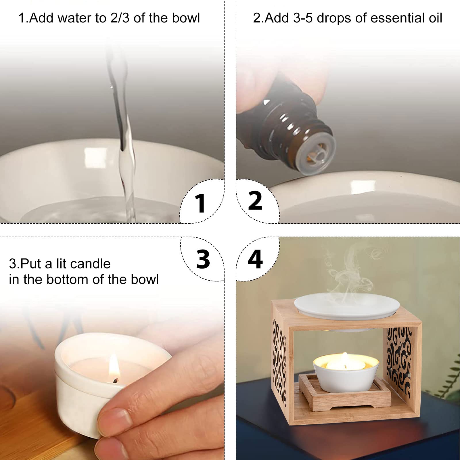 Lámpara aromática de bambú, lámpara aromática de cerámica, quemador de aceite para aceite esencial, cera derretida, lámpara de aroma con portavelas decorativo, difusor de aroma para el hogar, oficina,