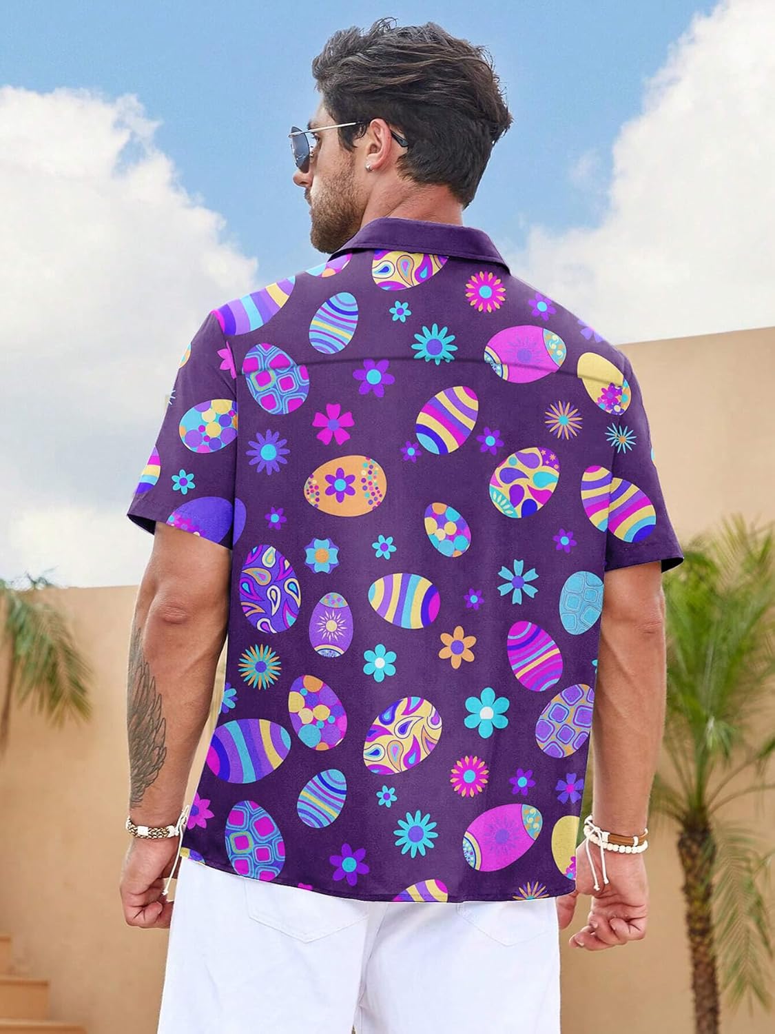 Easter Button Down Shirts for Men Funny Bunny Easter Eggs Print Short Sleeve Bowling Shirt - Image 3