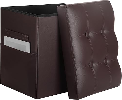 Miniatura 15 de Otomana de almacenamiento reposapiés taburete, banco reposapiés de cuero plegable con asiento acolchado de espuma más gruesa. Taburete otomana corto