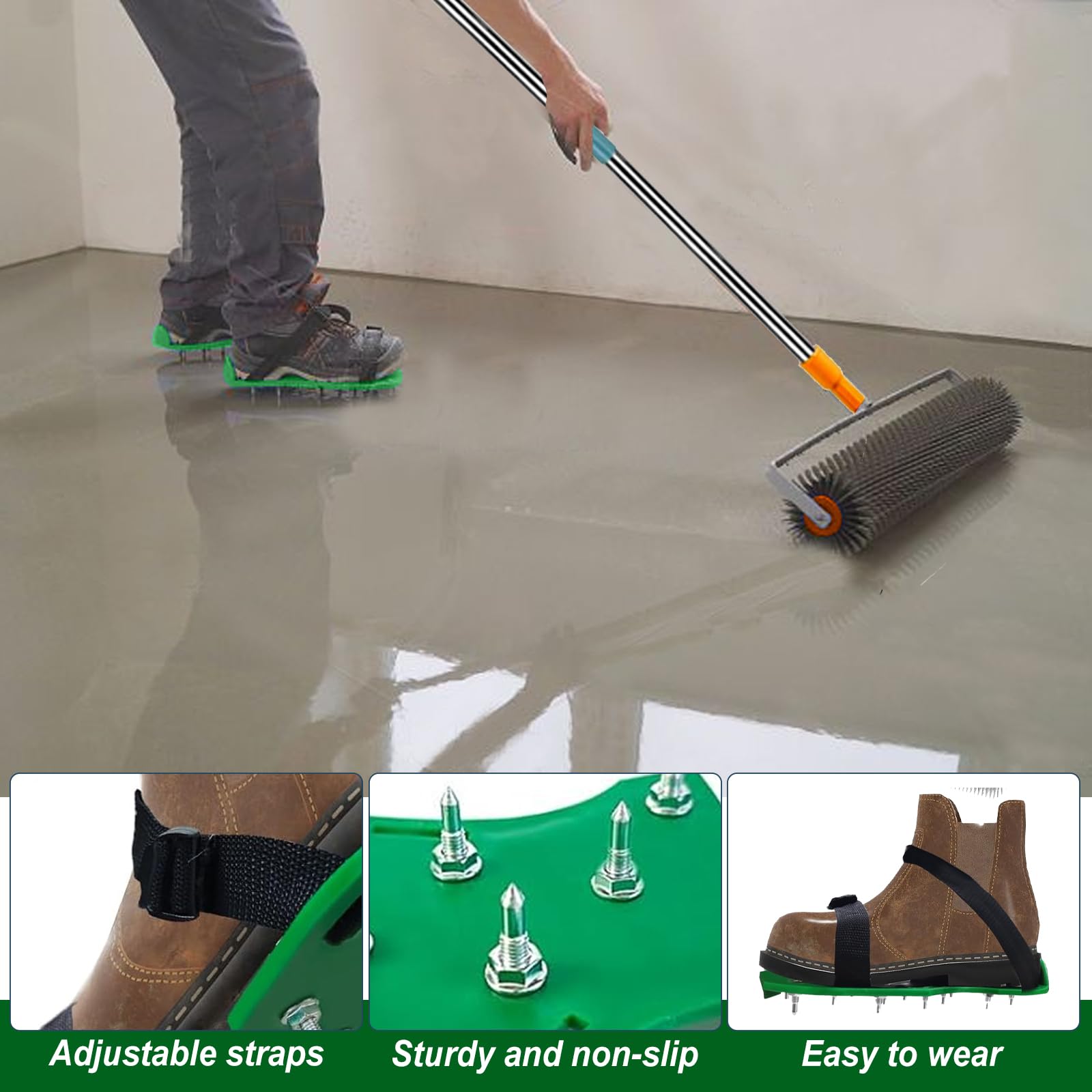 Ausgleichsmasse Boden Werkzeug Set,Epoxidharz Bodenbeschichtung Werkzeug Set,mit Stachelwalze 50cm,Farbroller,Edelstahl Spachtel 56cm,Nagelschuhe, Abnehmbarem 1,6 m Verlängerungsgriff