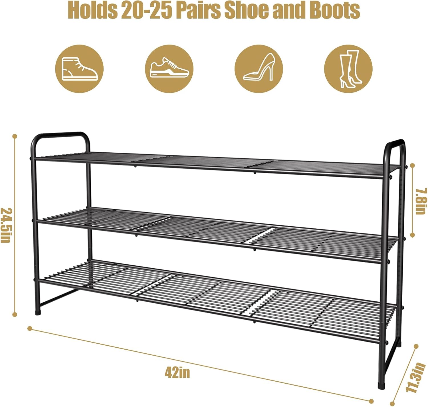 3-Tier Long Metal Shoe Rack,Extra Large Capacity Adjustable Stackable Shoe Organizer Shelf for Closet Entryway, Bedroom,Living Room, Floor,Hallway Shoe Shelf,Black 42" W × 24.5" H