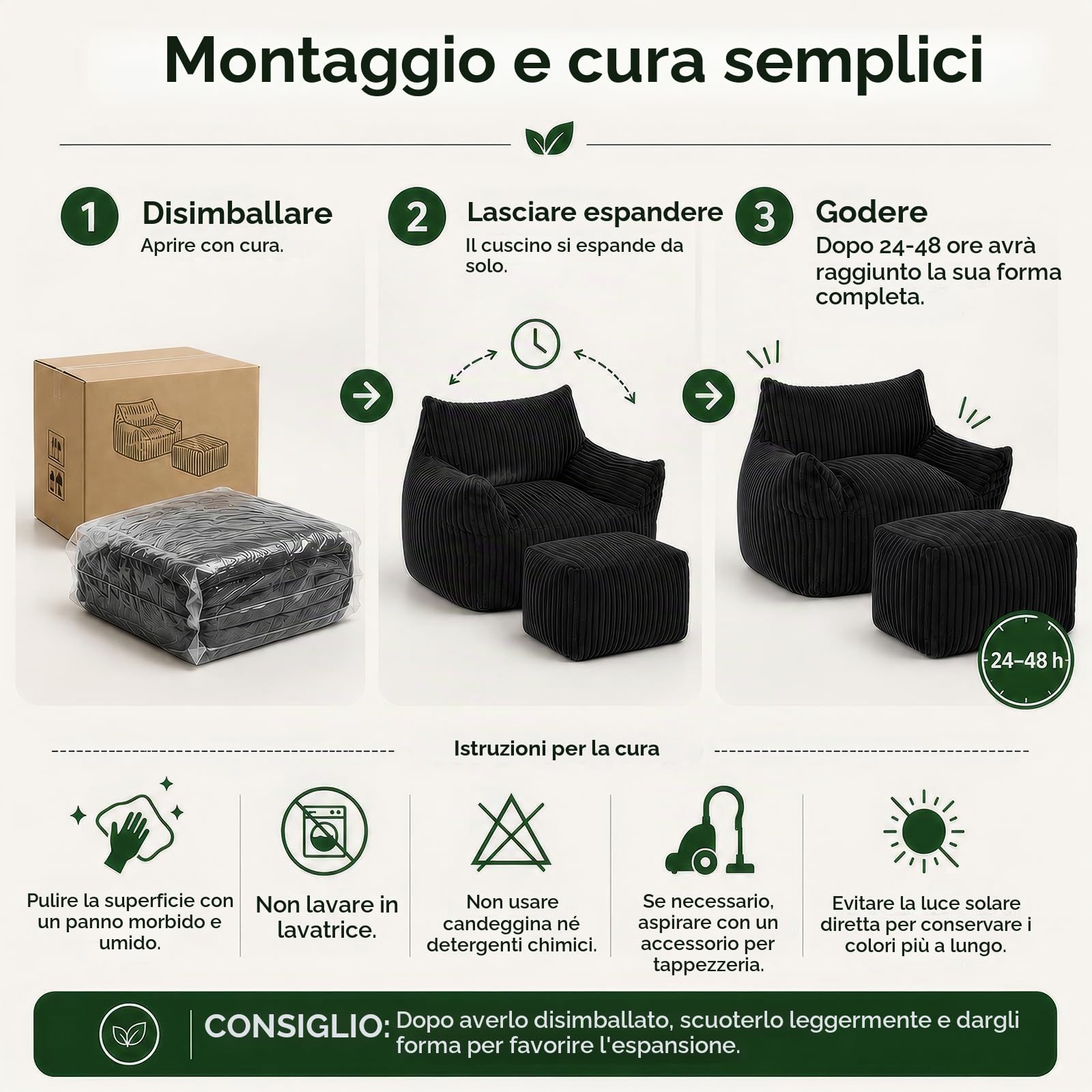 Pouf XXL per adulti con ottomana, poltrona reclinabile ergonomica con 5 zone di sostegno, fodera in coulisse, imbottitura in spugna ad alto rimbalzo, salvaspazio, per soggiorno, camera da letto e