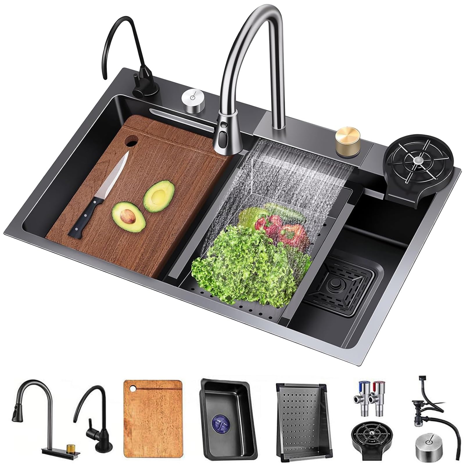 ZQFHSX 75cm Kitchen Sink, Nano Stainless Waterfall-Style Steel Single Bowl Drop In Large Capacity Workstation Sink with Multi-Functional Accessories，29.5in(75x45x22cm)