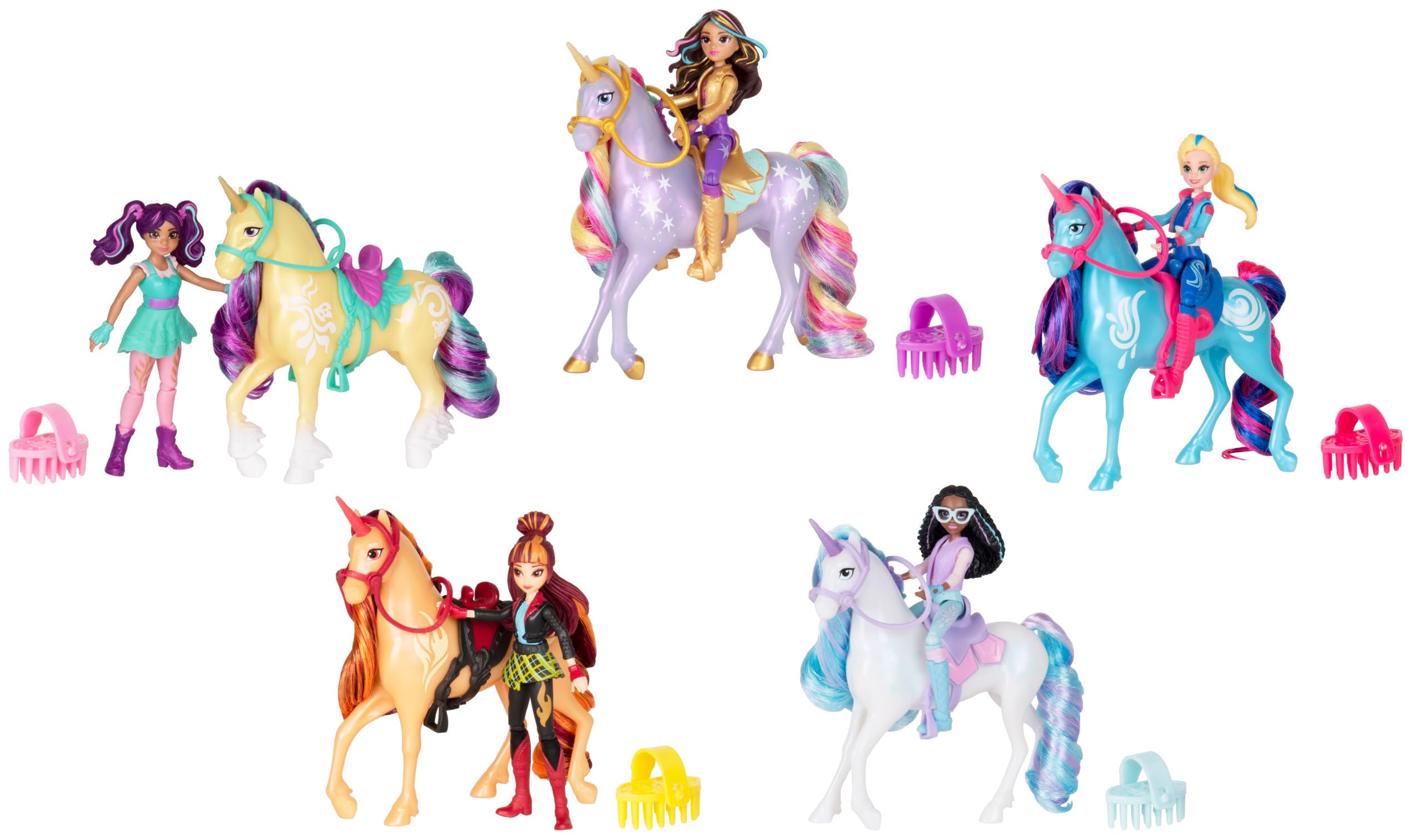 Set Unicorn Academy, Sophia & Wildstar con 2 Accessori Per l'Equitazione e Strumento per lo Styling dei Capelli, Bambole e Unicorni Giocattolo per Bambine, 4+ Anni