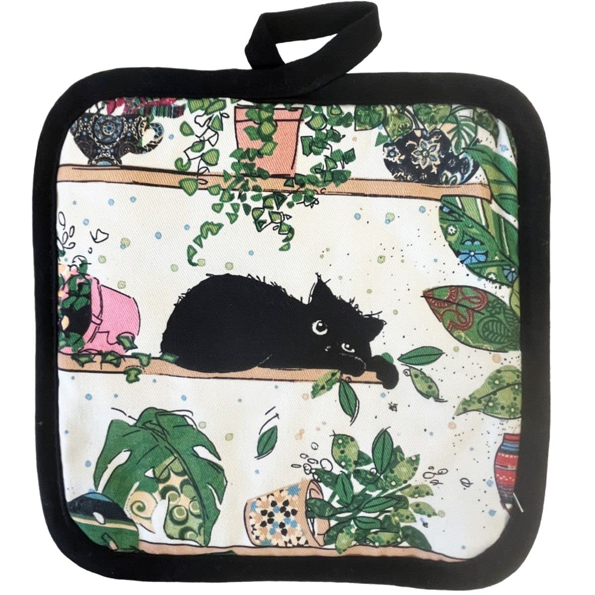 Set Gant Et Manique Cuisine Motif Chat Avec Plantes - Protection Four Et Table