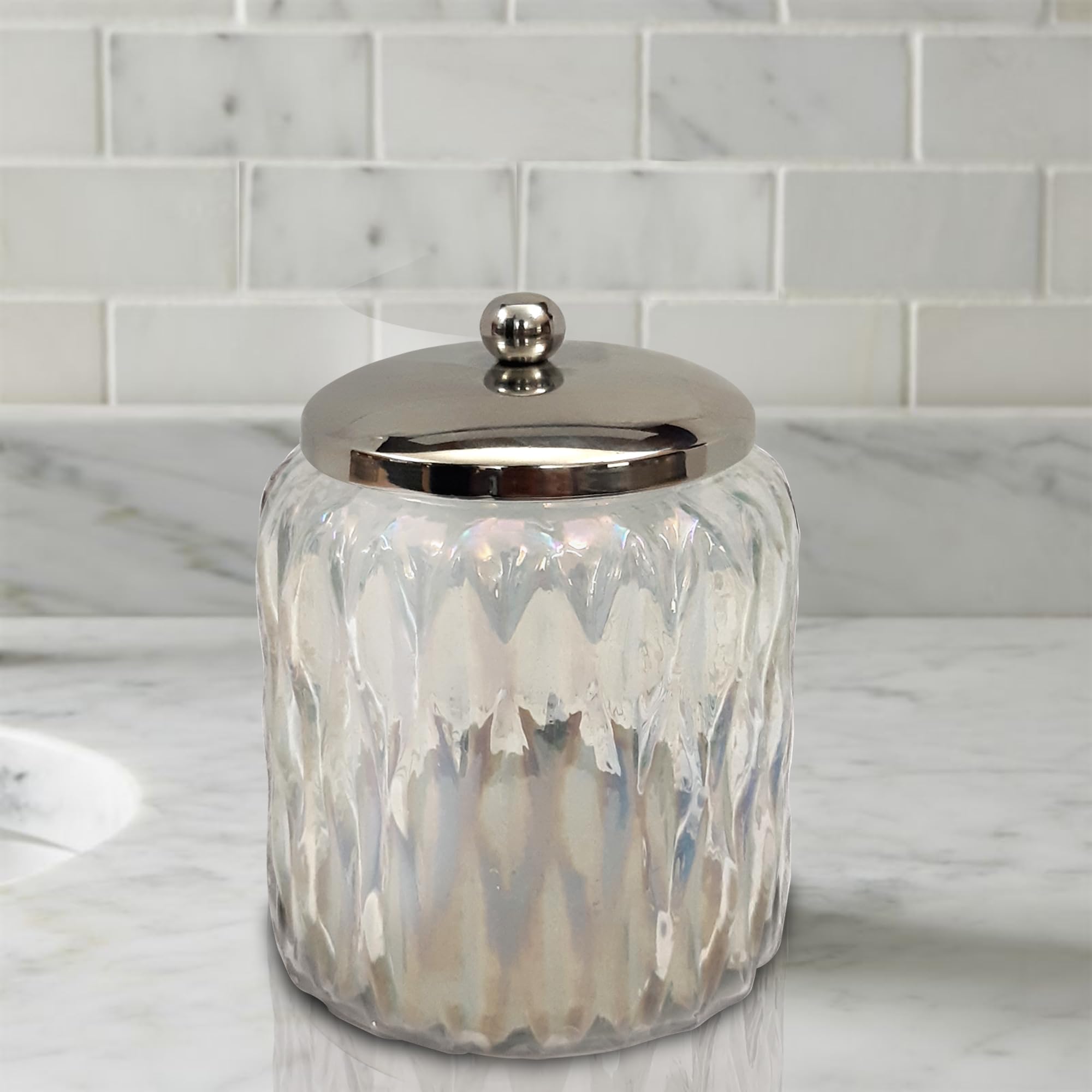 nu steel Glacier Rainbow Q Tip Holder Bathroom Vanity Glass Storage Organizer Canister, Apothekerglas für Wattestäbchen, runde Wattebällchen, Regenbogenglanz-Finish