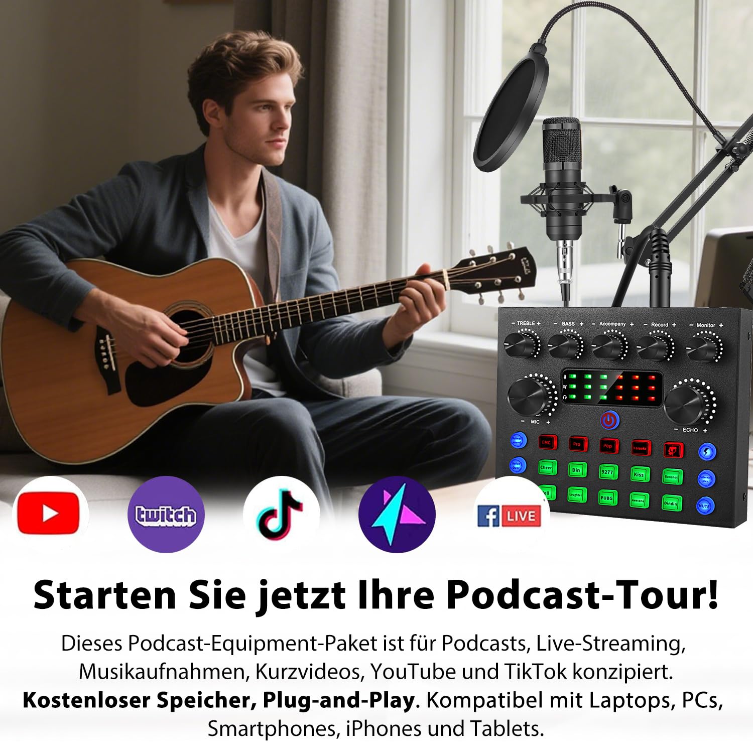 Brvomussy Podcast Mikrofon Set mit Audio Mixer und Voice Changer, Kondensatormikrofon Komplettset mit Mikrofonarm für Live Streaming, Podcast, Gaming, YouTube, TikTok, Gesang und PC Aufnahme